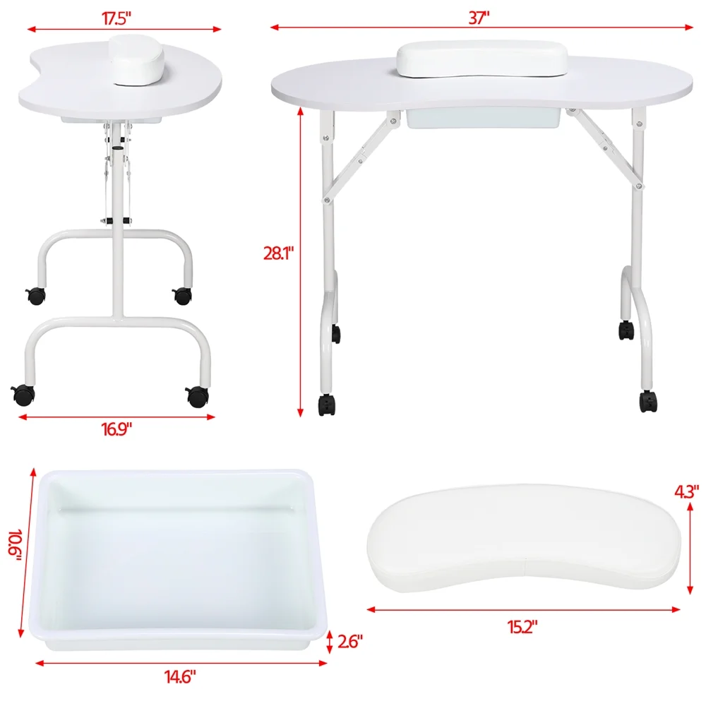 Alden Design Folding Manicure Table Nail Beautician Desk with Lockable Wheels & Bag - Image 10