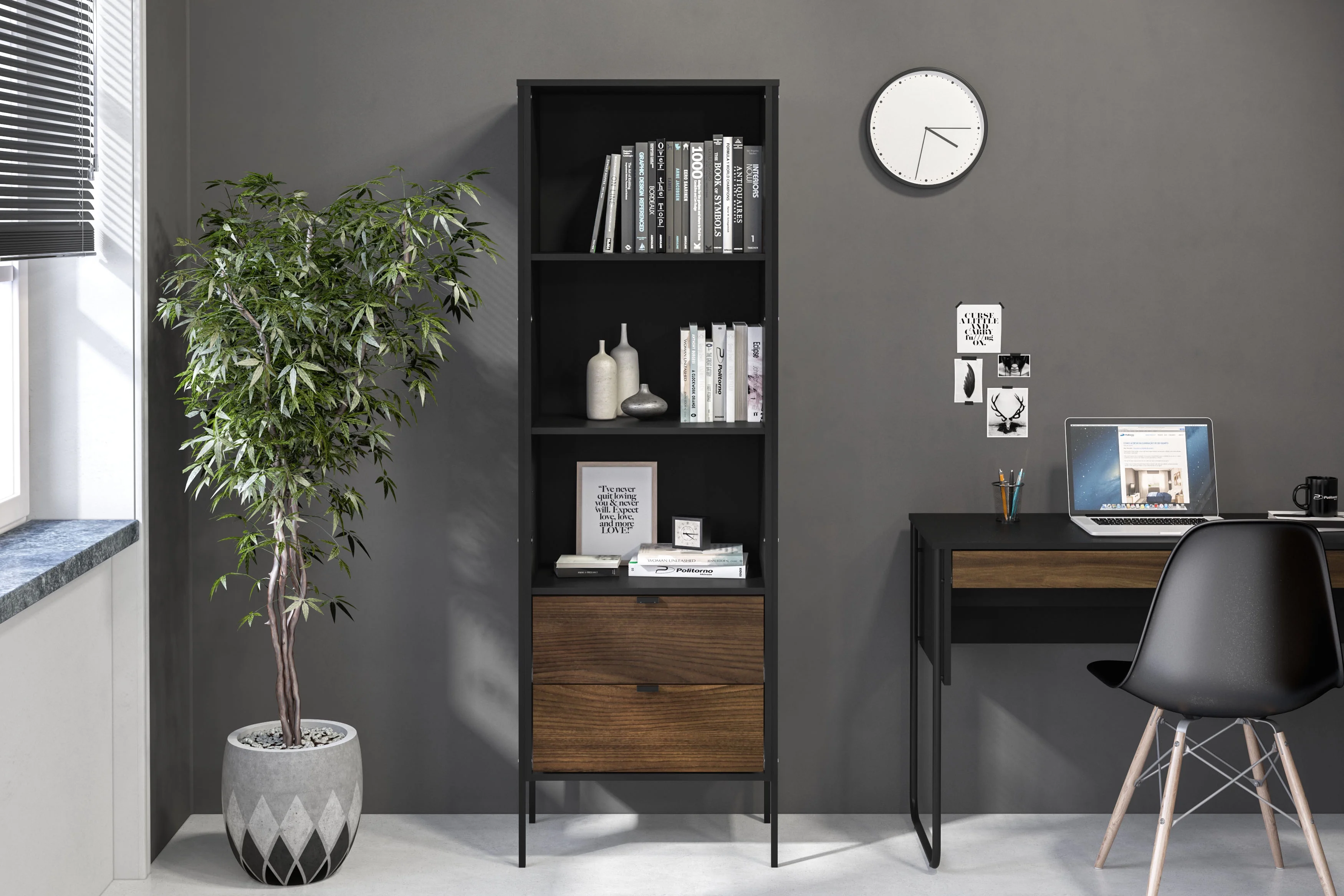 Polifurniture Mallorca 71 in. Modern Bookcase with 3 Shelves and 2 Drawers, Black & Walnut - Image 7