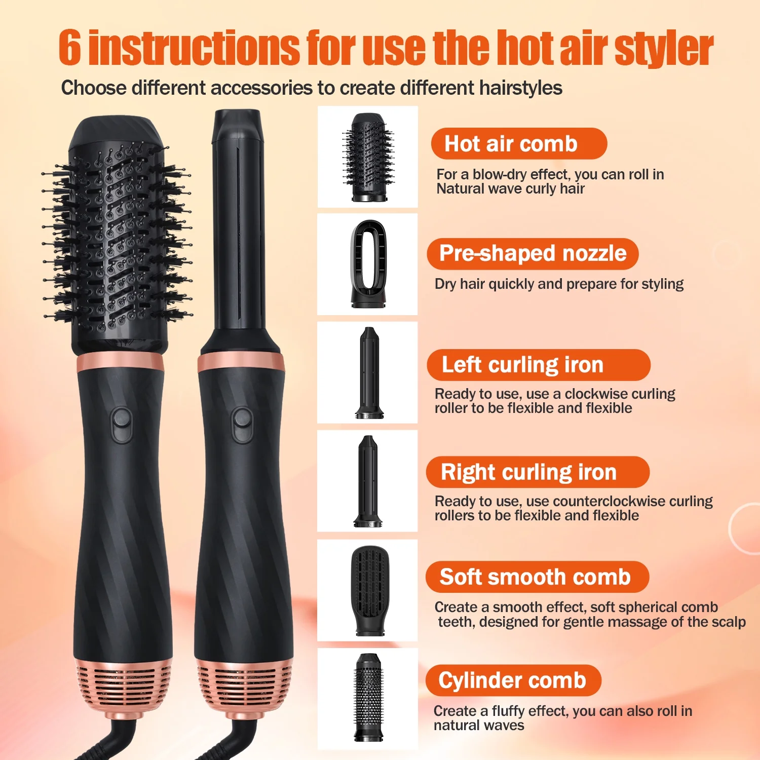 Atopskins 6 in 1 Hot Air Brush, Professional Hair Dryer Brush Blow Dryer Brush Detachable Design Styling Tools 3 Temp for Straightening, Curling and Drying - Image 6