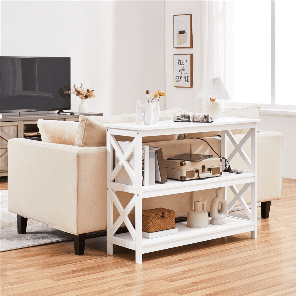 Alden Design 3-Tier Wooden Console Table with Power Outlet for Living Room, White - Image 2