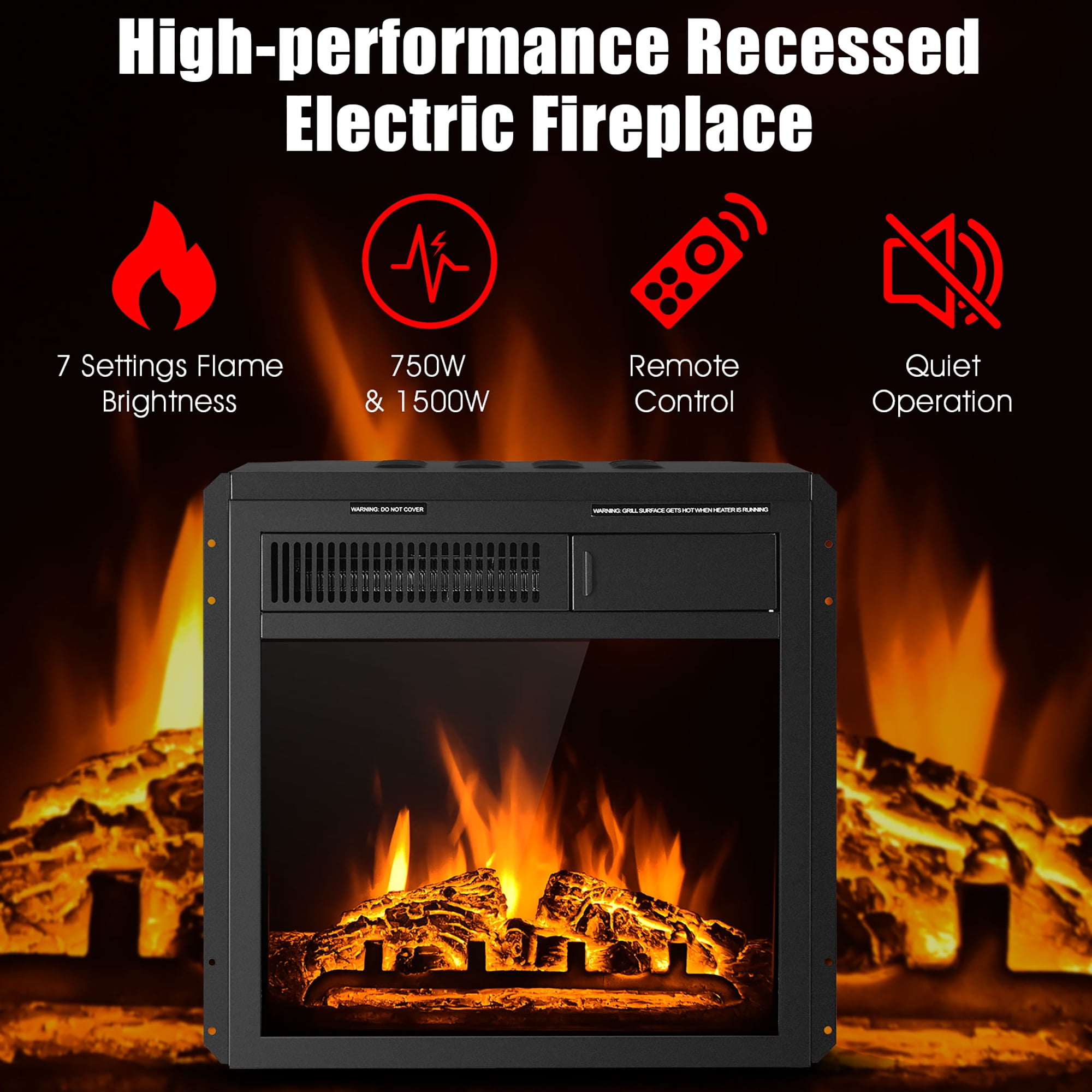 Costway 18'' Electric Fireplace Insert Freestanding & Recessed Heater Log Flame Remote - Image 11