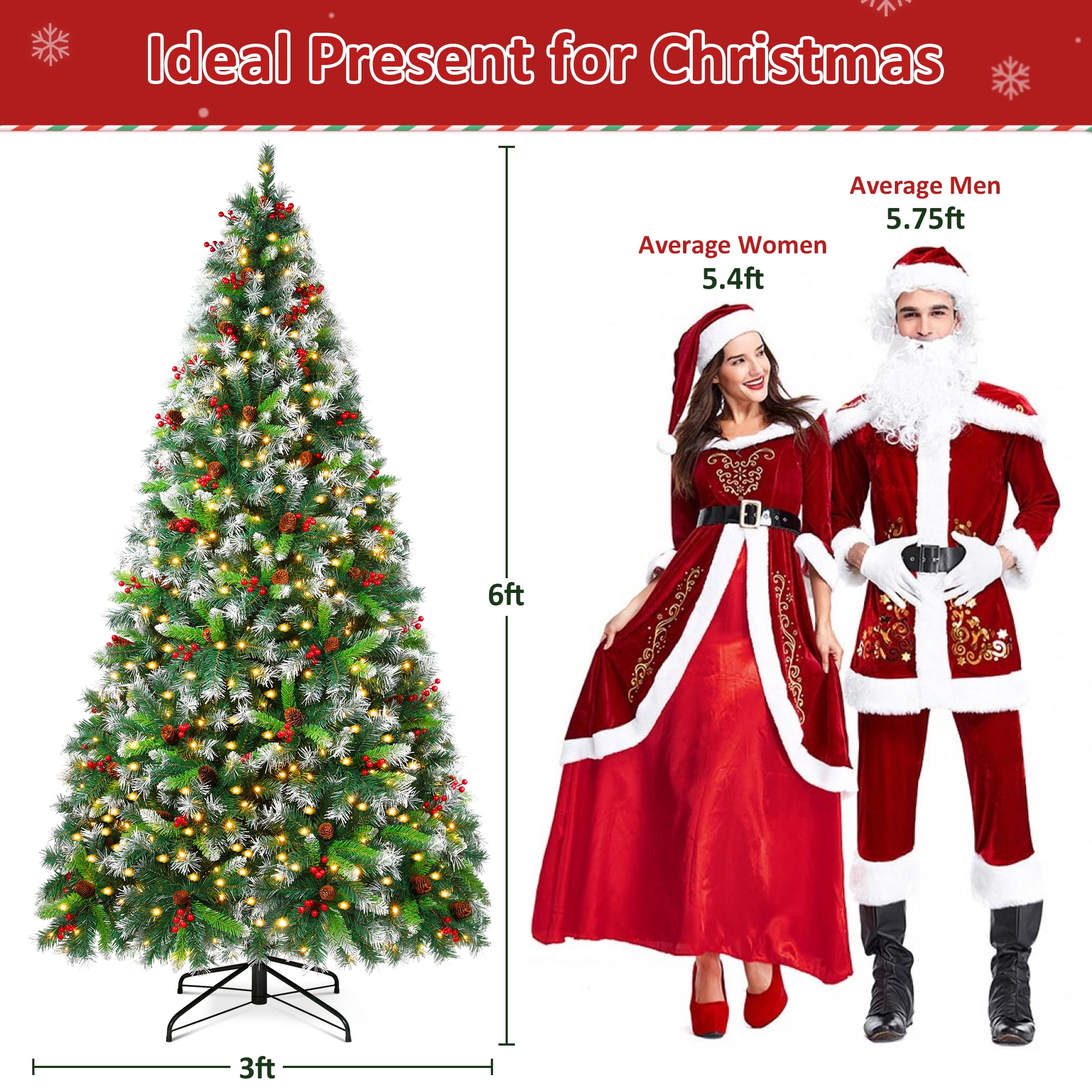 Firstness 6ft Pre-Lit Artificial Christmas Tree,Green Xmas Tree with 1000 Branch Tips 300 LED Lights,Pine Cones + Red Berries - Image 7