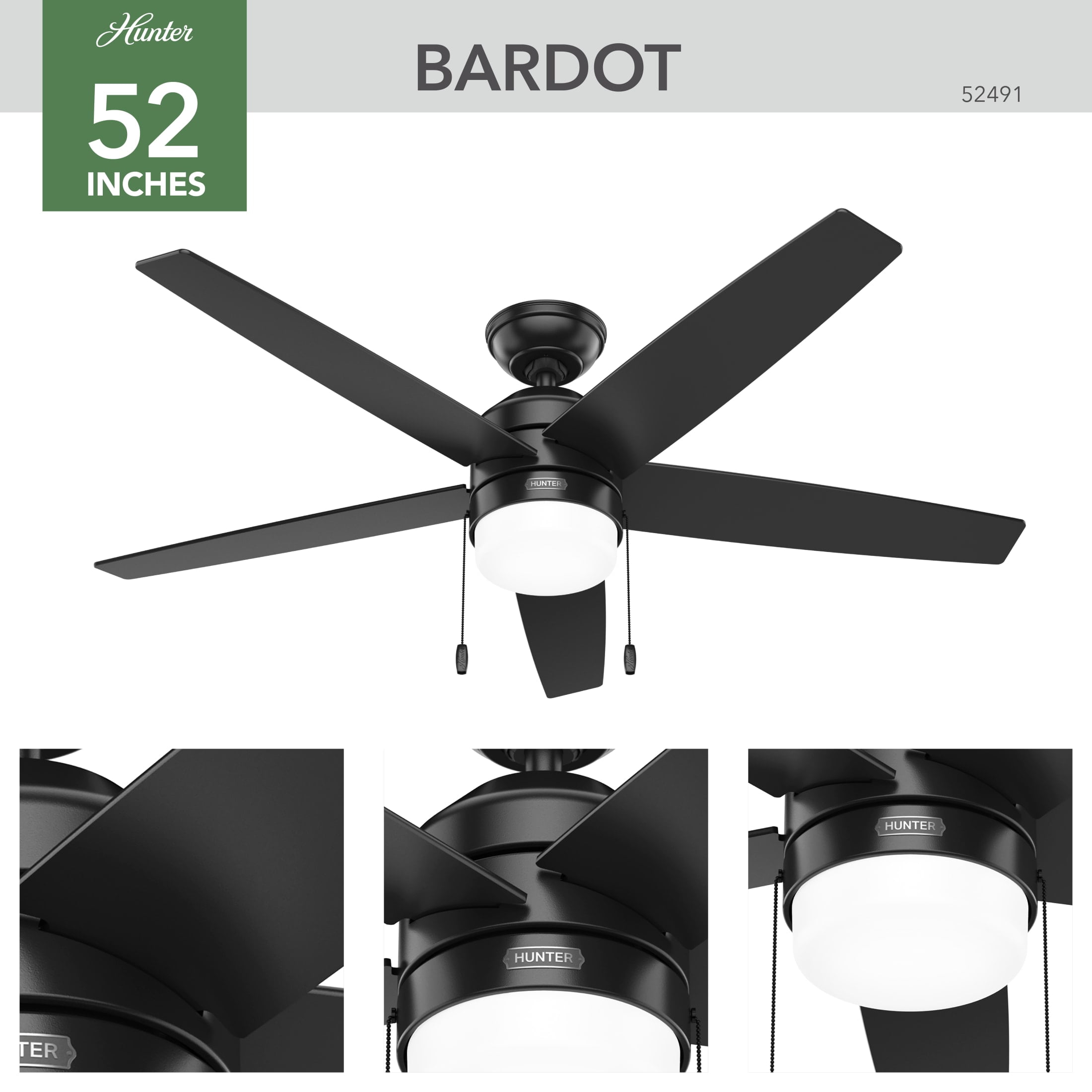 Hunter - Bardot Indoor Ceiling Fan With Light, 52-inch, Matte Black, Modern-style, 3-speed WhisperWind Motor, 52491, for living rooms, bedrooms, home offices, kitchens - Image 6
