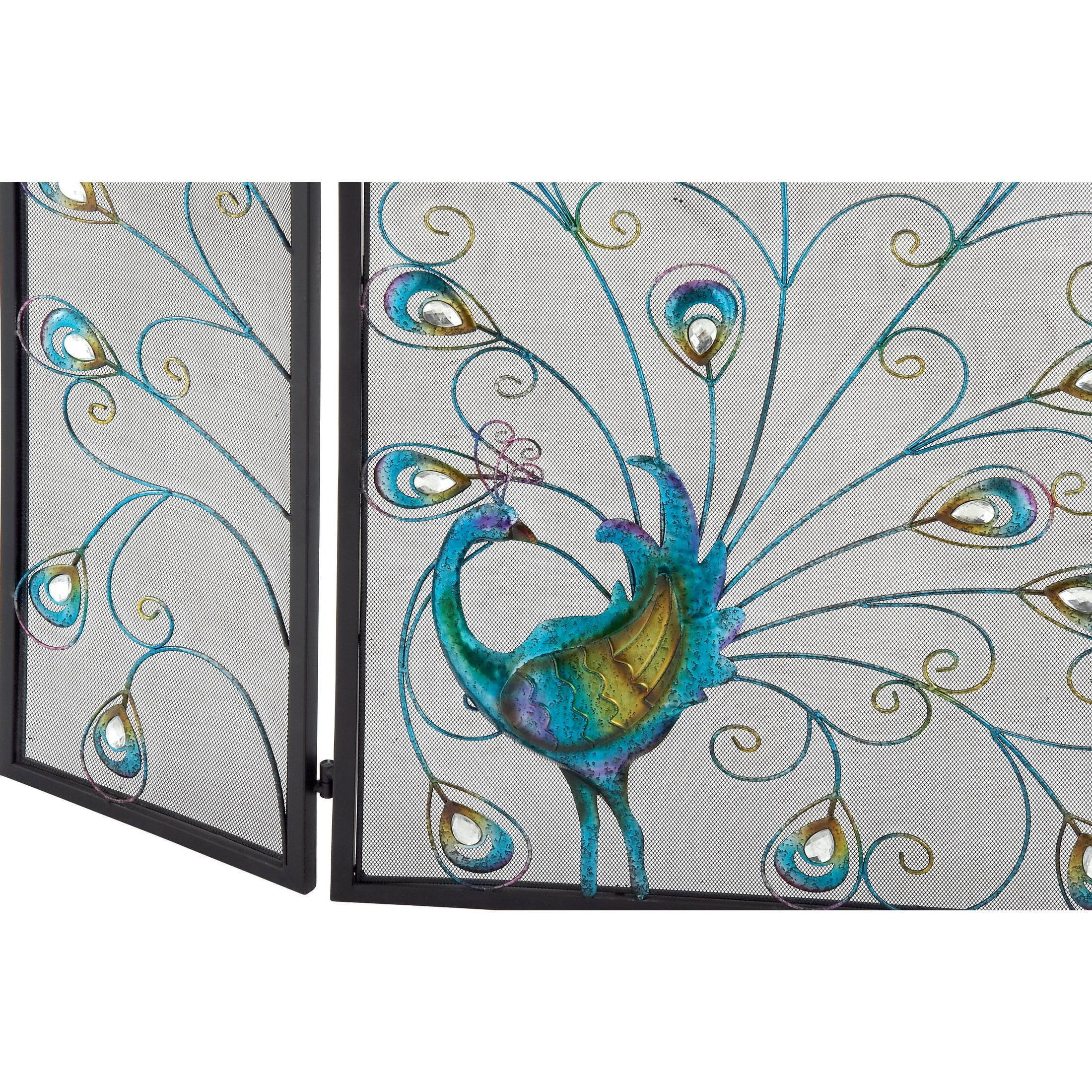DecMode Black Eclectic Metal Fireplace Screen with Colorful Peacock Detail and Iron Frame, 48"W x 32"H - Image 7