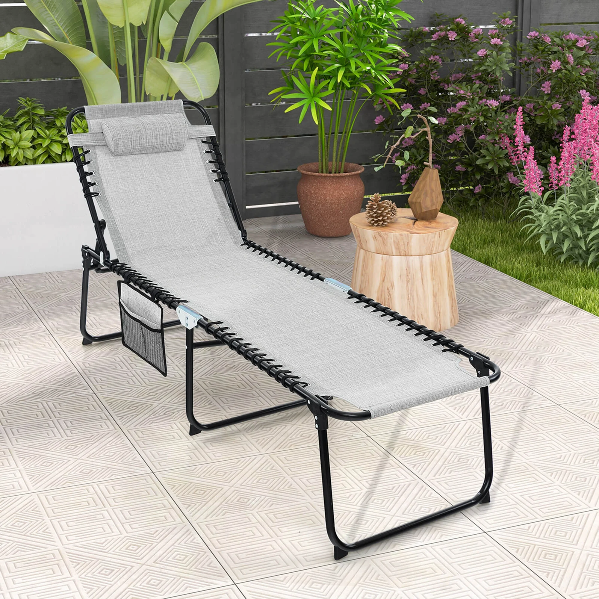 Costway Folding Beach Lounge Chair Heightening Design Patio Lounger w/ Pillow-Gray - Image 6