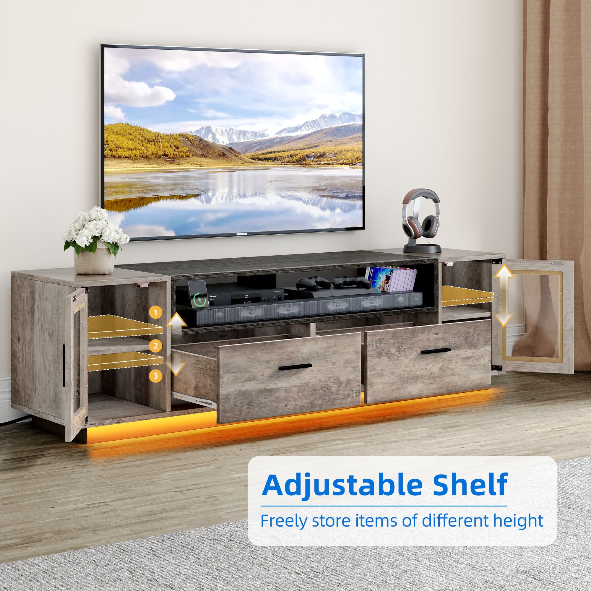 Dextrus LED TV Stand for 75" TV, Entertainment Center w/Outlets & USB Ports, Media Cabinet, Gray - Image 2