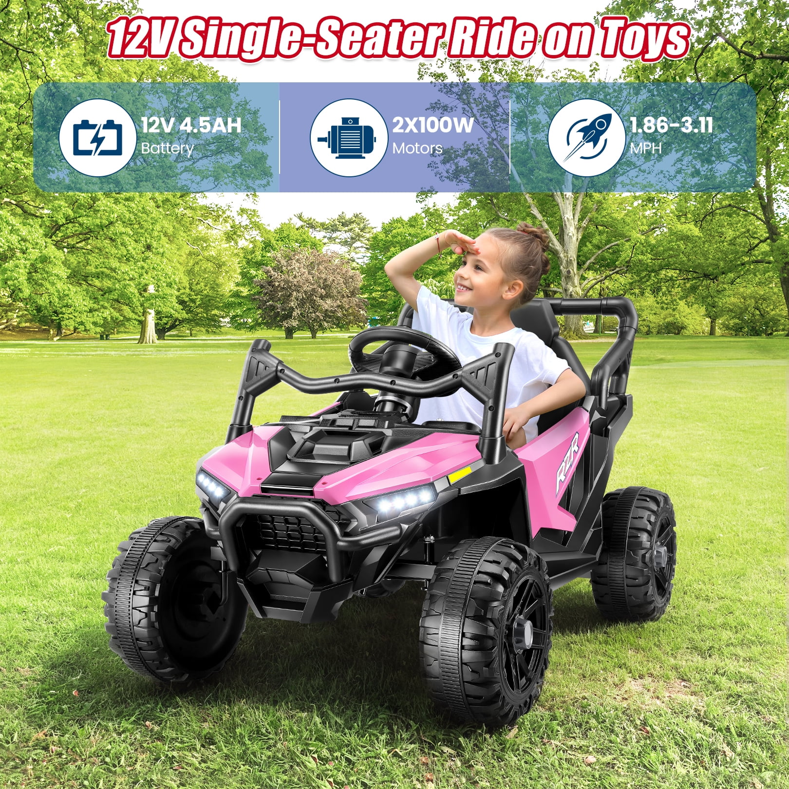 Funcid 12V Ride on Toys with Remote Control, Single Seater Ride on Cars, 200W Electric Car for Kids w/ Bluetooth, Knob Volume Control, Battery Indicator, MP3, Spring Suspension, Pink - Image 5