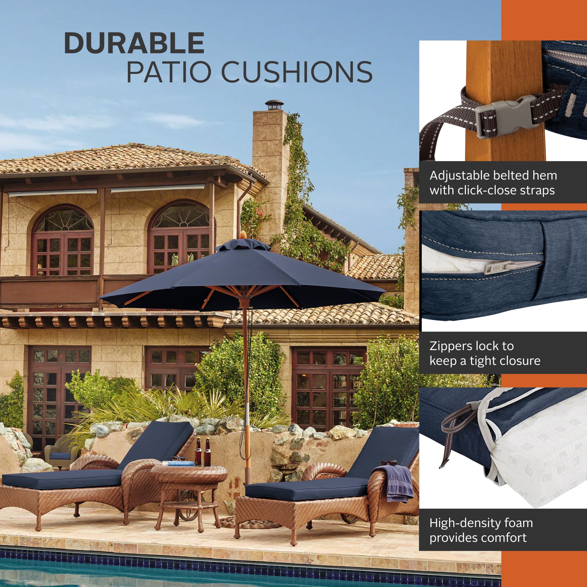 Classic Accessories Montlake Weatherproof Outdoor Chaise Lounge Cushion, Heather Indigo - Image 2