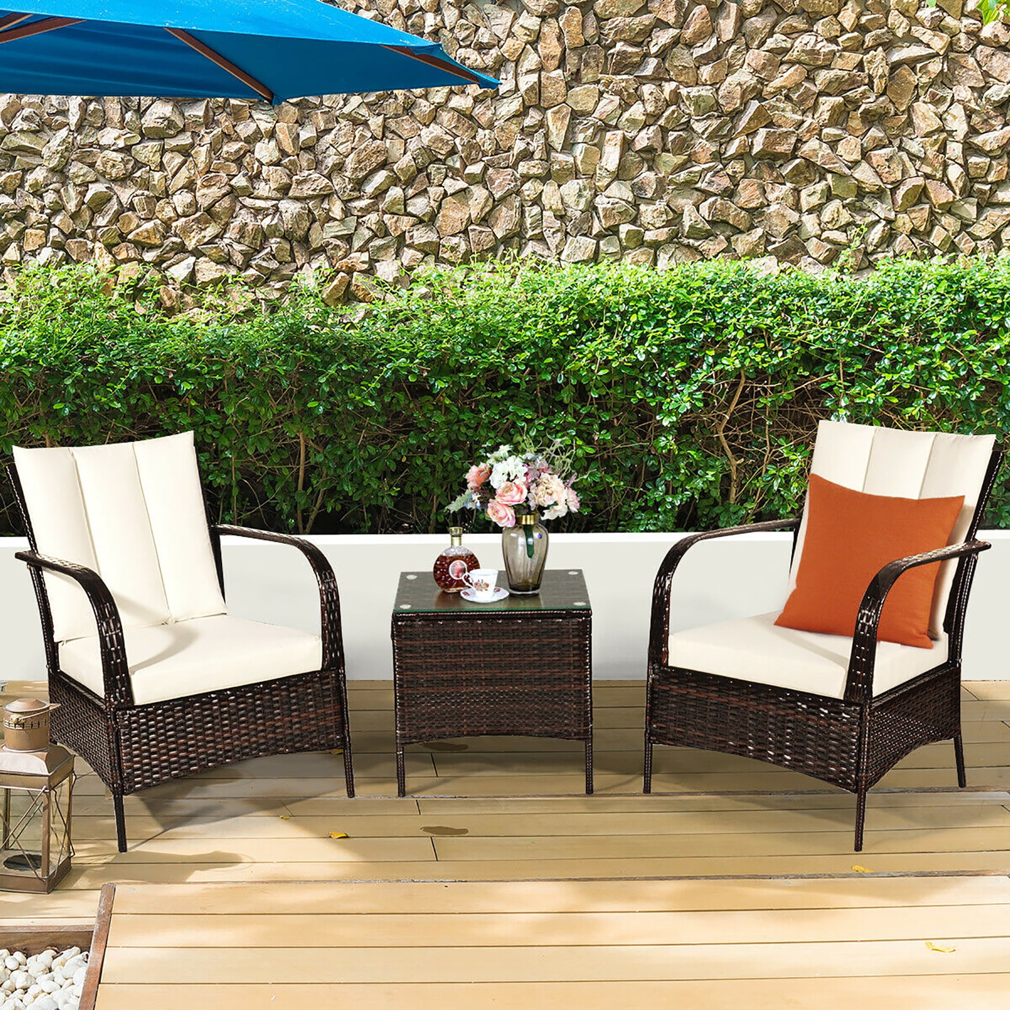 Costway 3 PCS Patio Wicker Rattan Furniture Set Coffee Table & 2 Rattan Chair W/Cushions-White - Image 7