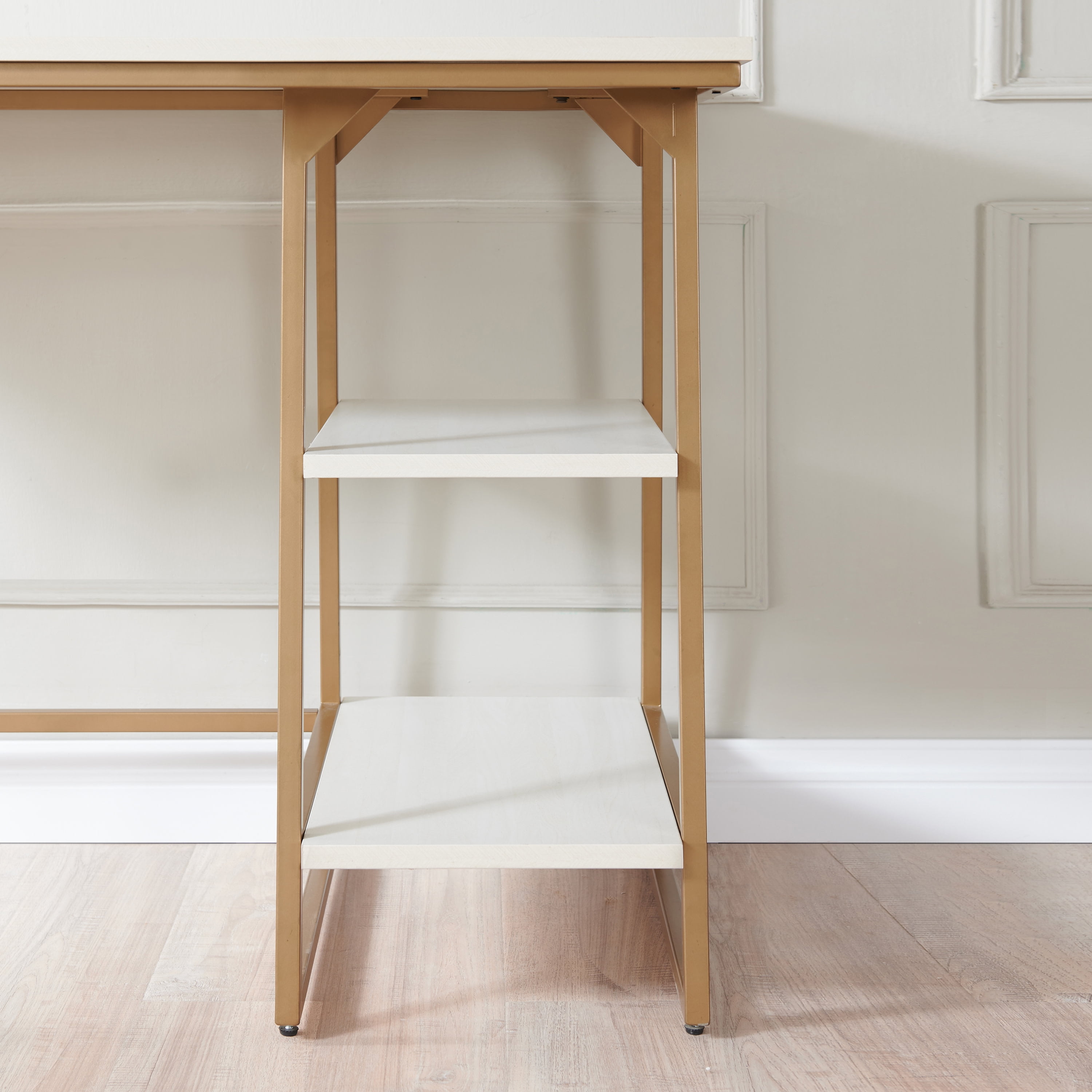 Leick Home Reversible Stepped Tier Shelf Rectangular Desk in White Herringbone/Satin Gold Finish - Image 13