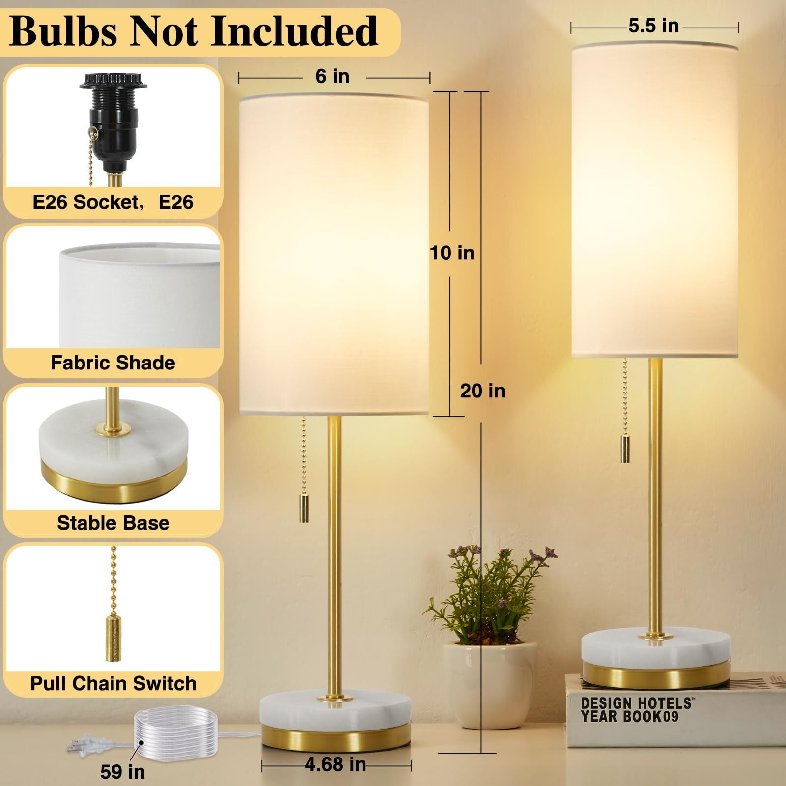 NATYSWAN Minimalist Table Lamp Set of 2, Nightstand Lamp for Bedroom Living Room, Modern Pull Chain Bedside Lamp with Marble Base, Fabric Shade, Small Desk Lamp for Home, Office, Reading - Image 6