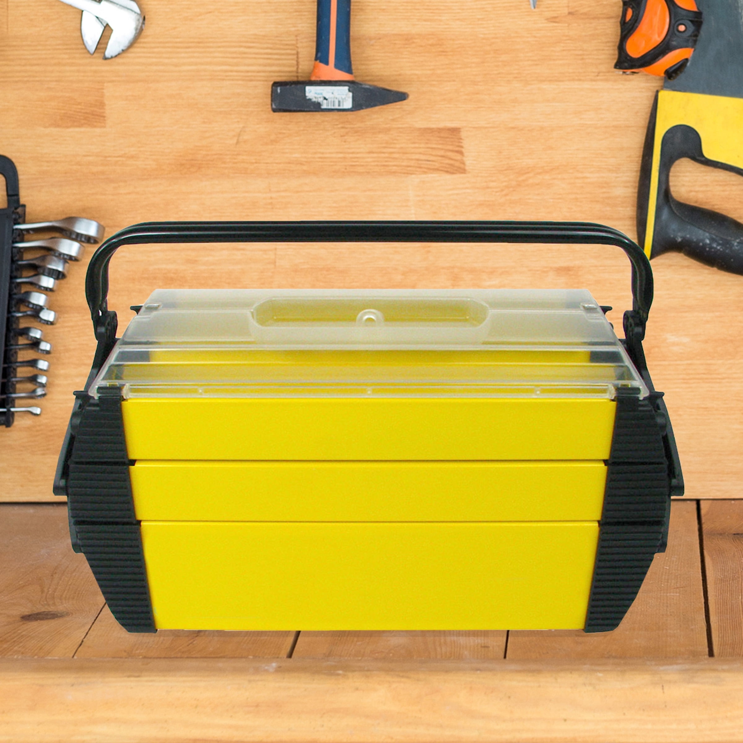 Stalwart 3-Tier Portable Plastic Tool Box with 5 Compartments, Yellow