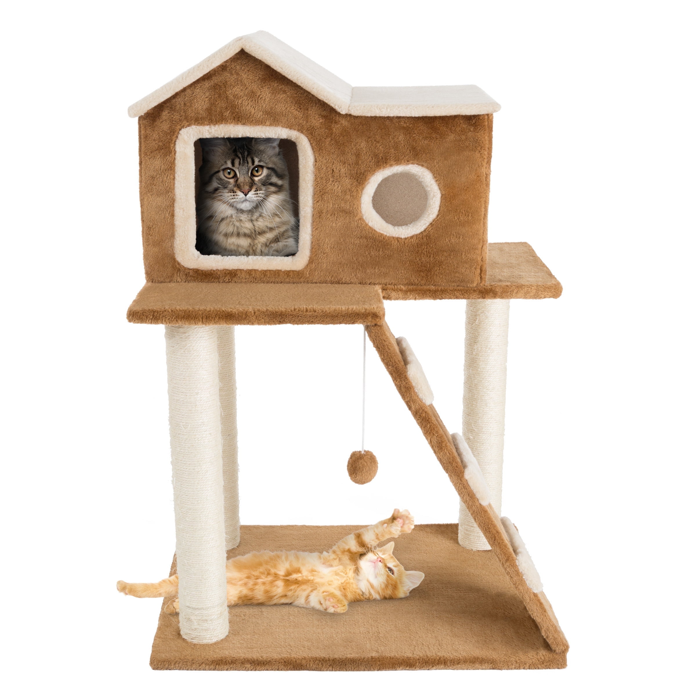 PETMAKER 35in Cat Tree with Ladder, House, Scratch Posts, and Toy (Brown)