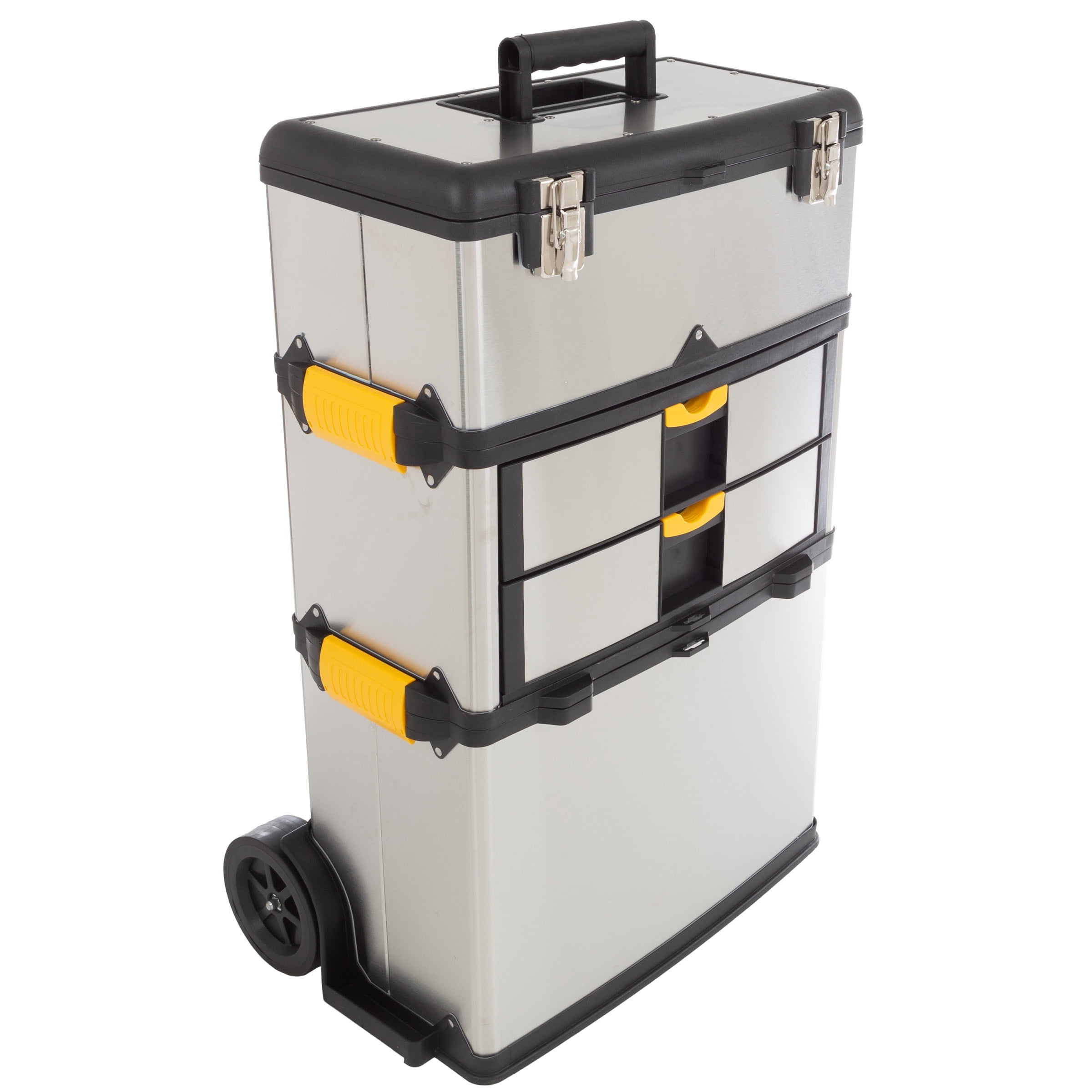 Portable Tool Box with Wheels ? Stainless-Steel Stackable 3-Part Tool Chest ? Extendable Handle and Tough Latches on the Mobile Tool Box by Stalwart