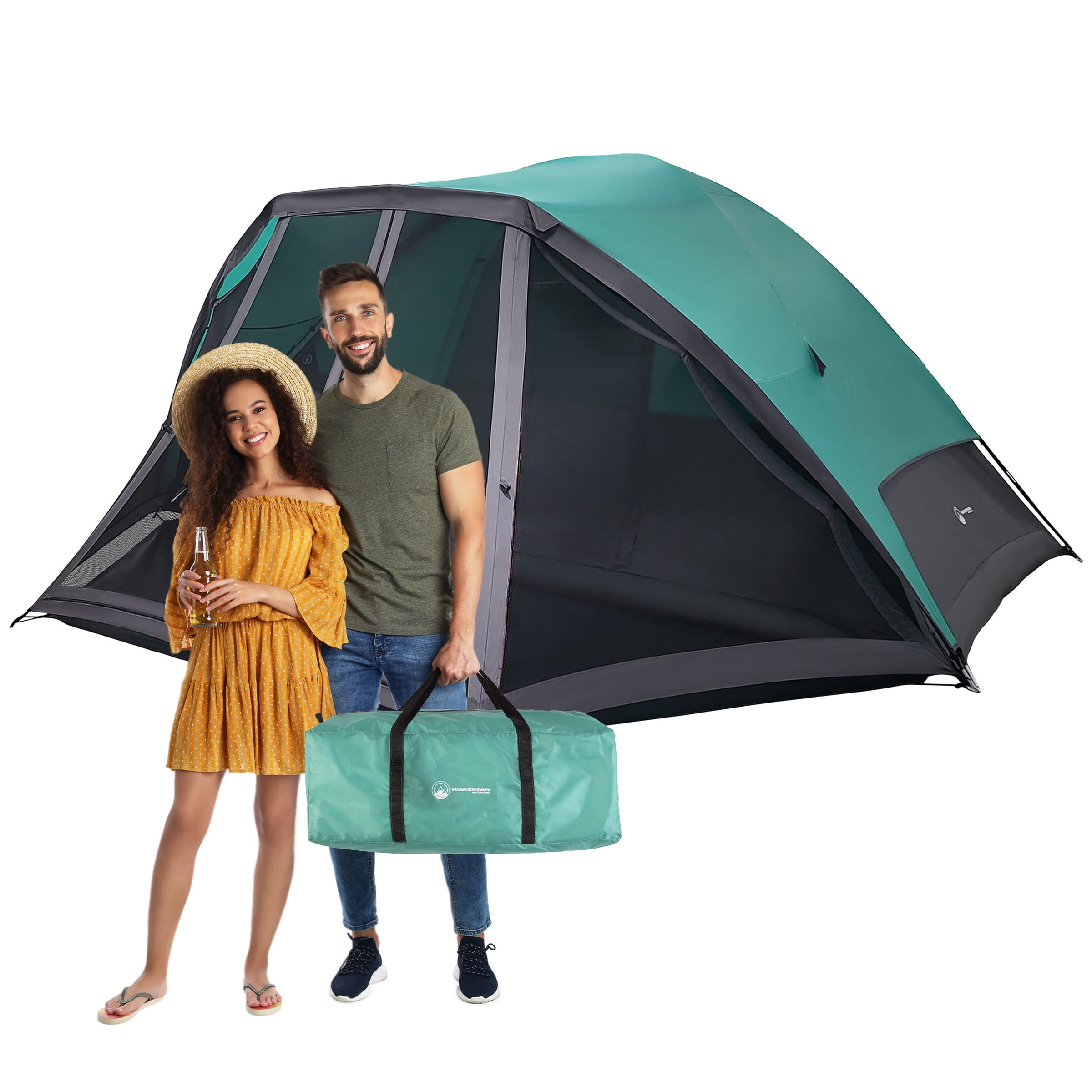 Wakeman Outdoors Cabin-Style 6 Person Camping Tent with Screen Room, Teal