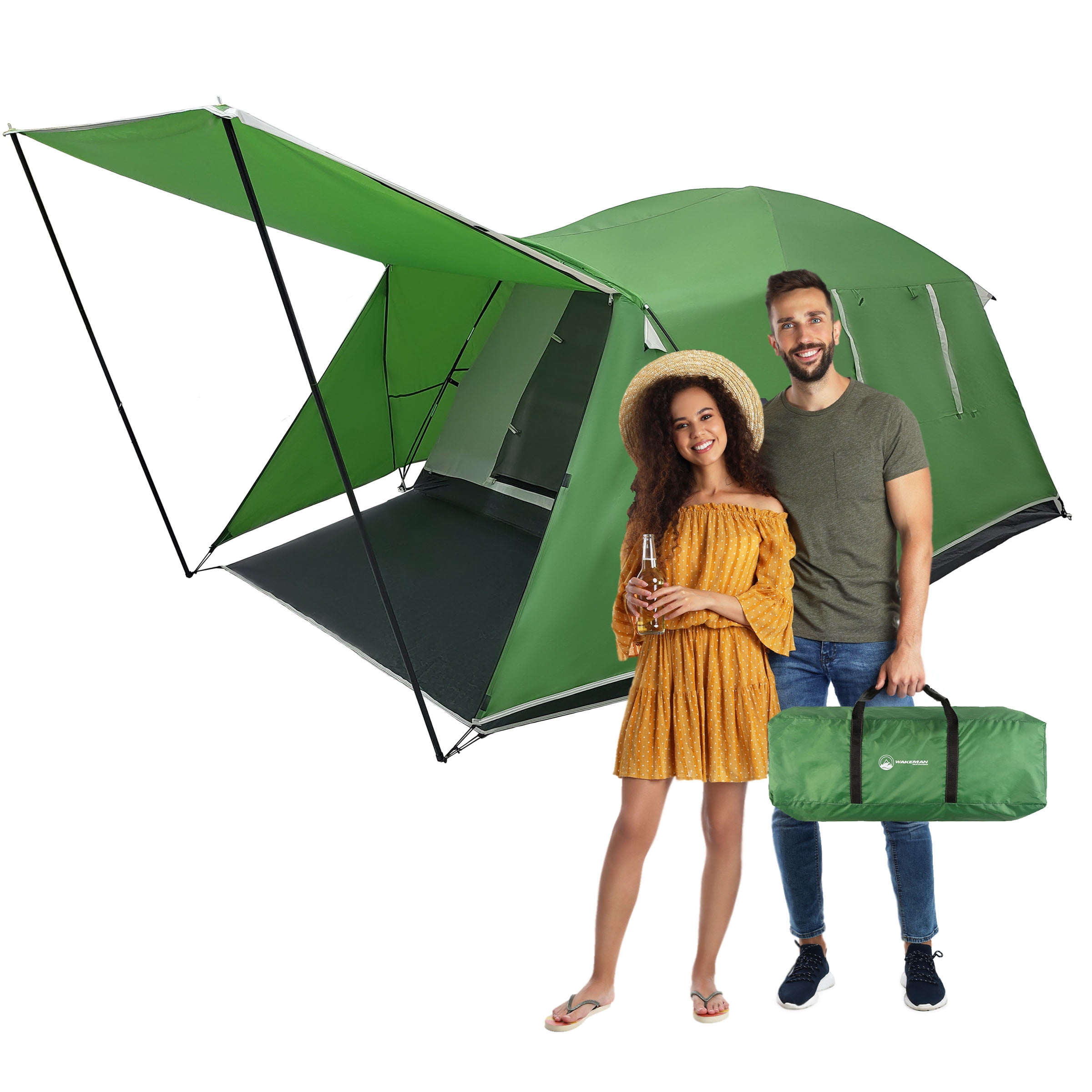 Wakeman Outdoors 4 Person Camping Tent with Attached Porch Canopy, Green