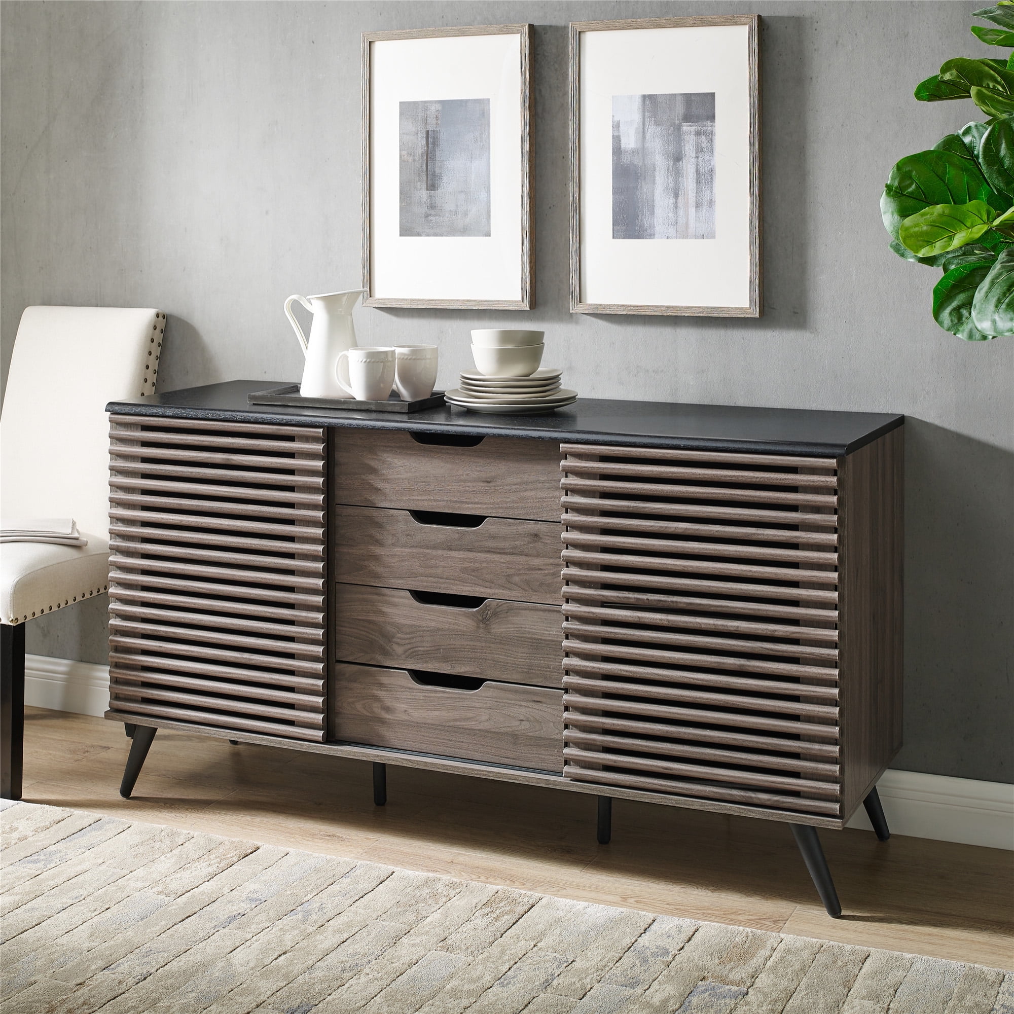 Walker Edison Modern Sliding Slat Door Sideboard, Ebony and Slate Grey