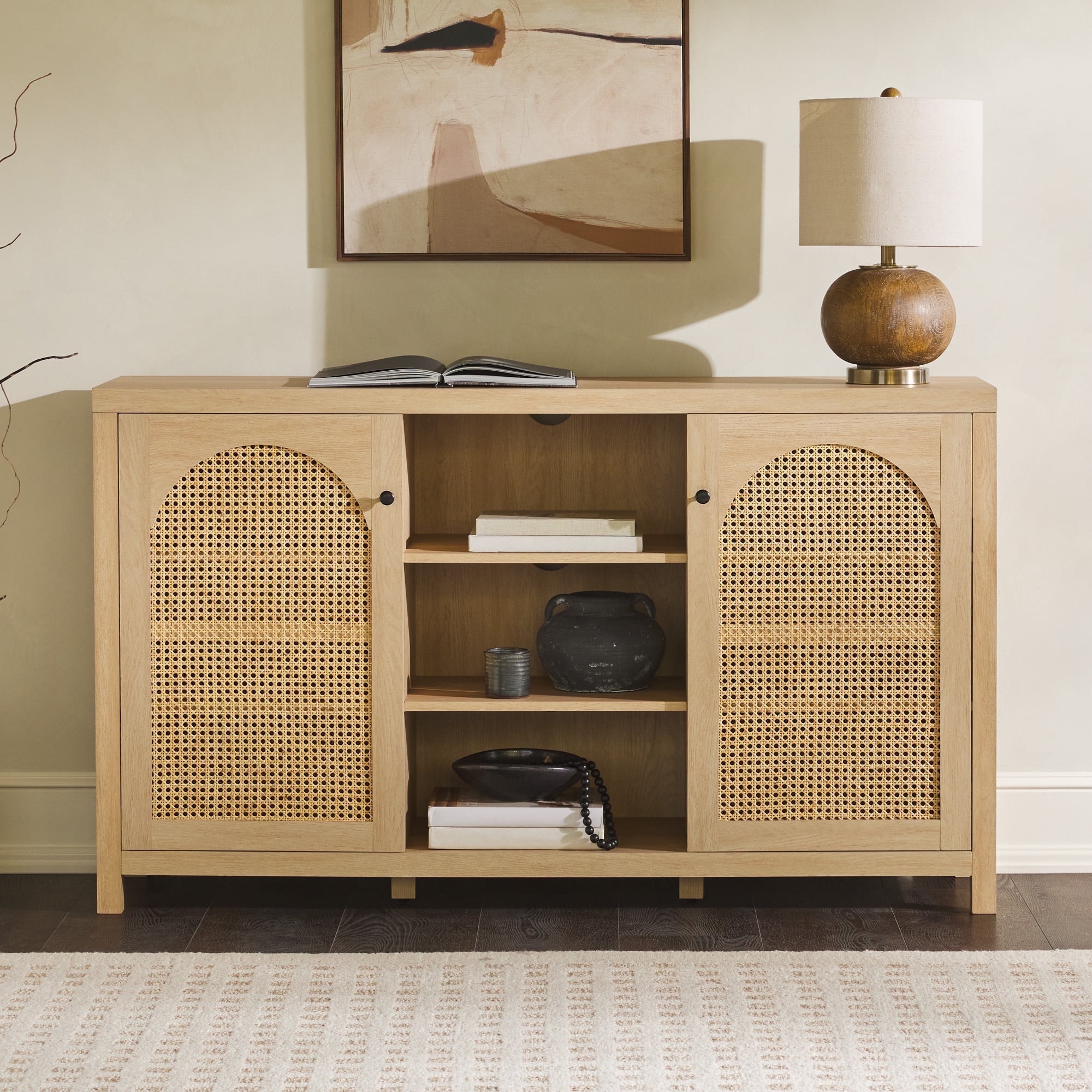 Walker Edison 58" Modern 2-Door Sideboard with Rattan Panels, Coastal Oak