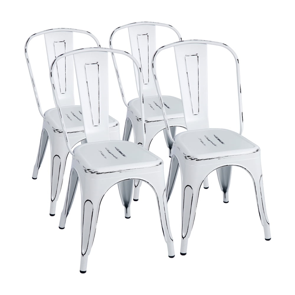 Walnew Metal Bistro Stacking Chairs, Distressed White (Set of 4)