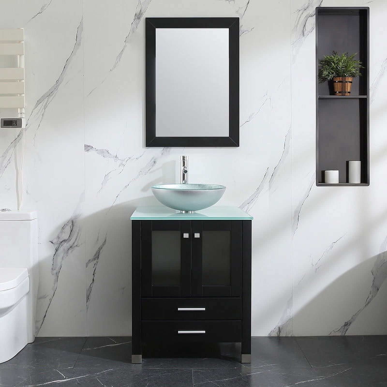 Walsport 24" Luxurious Bathroom Vanity and Sink Combo Cabinet with Silver Glass Vessel Sink and Faucet Pop Up Drain,Black