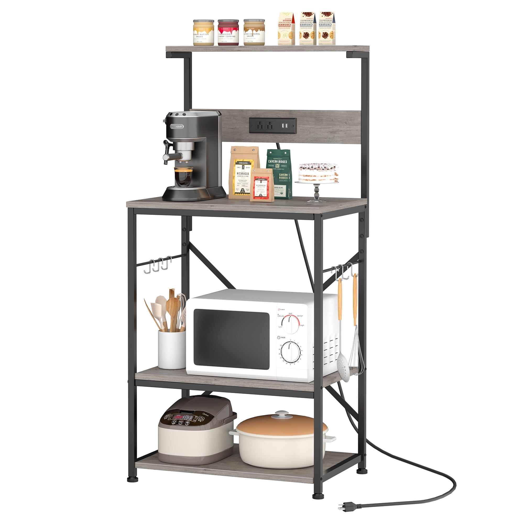 Walsunny Kitchen Bakers Rack with Power Outlet Microwave Stand with 6 S-shaped Hooks 4-Tier Coffee Bar Microwave Rack Gray