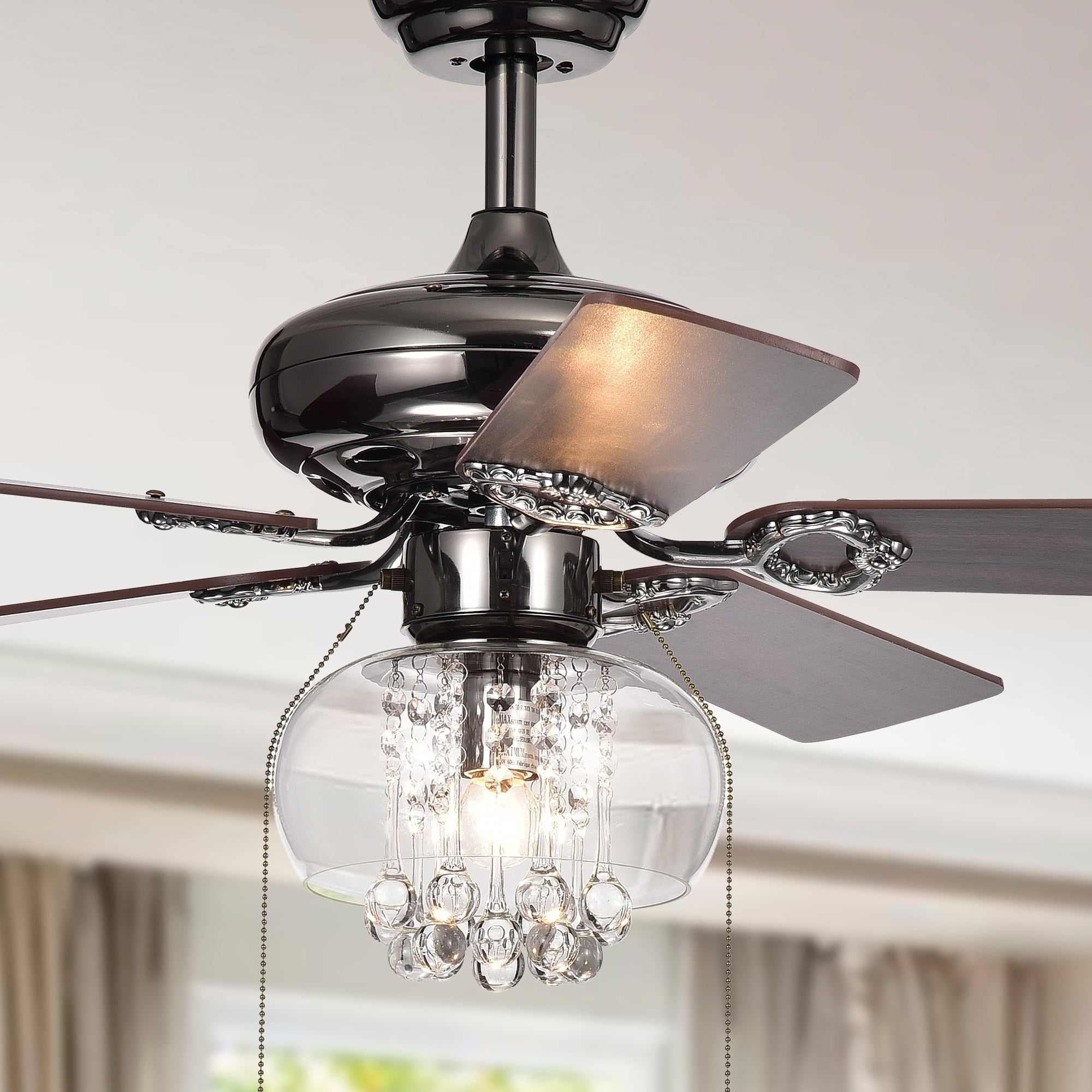 Warehouse of Tiffany Aequor 1-Light Glass and Crystal 5-Blade 53-Inch Pear Black Ceiling Fan (2 Color Option Blades)