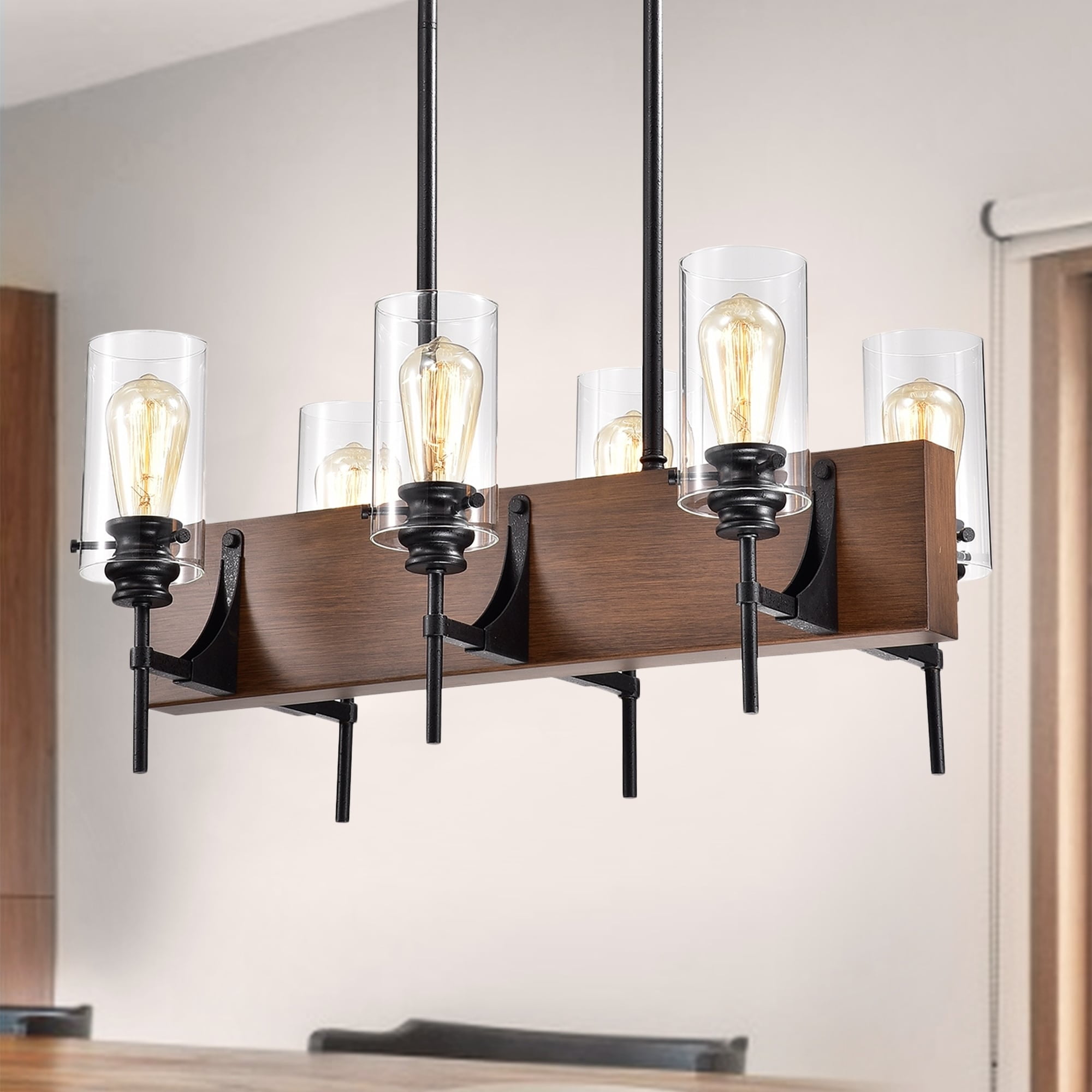 Warehouse of Tiffany Solvyr Forged Black Metal and Wood 6-Light Chandelier with Clear Glass Tube Shades