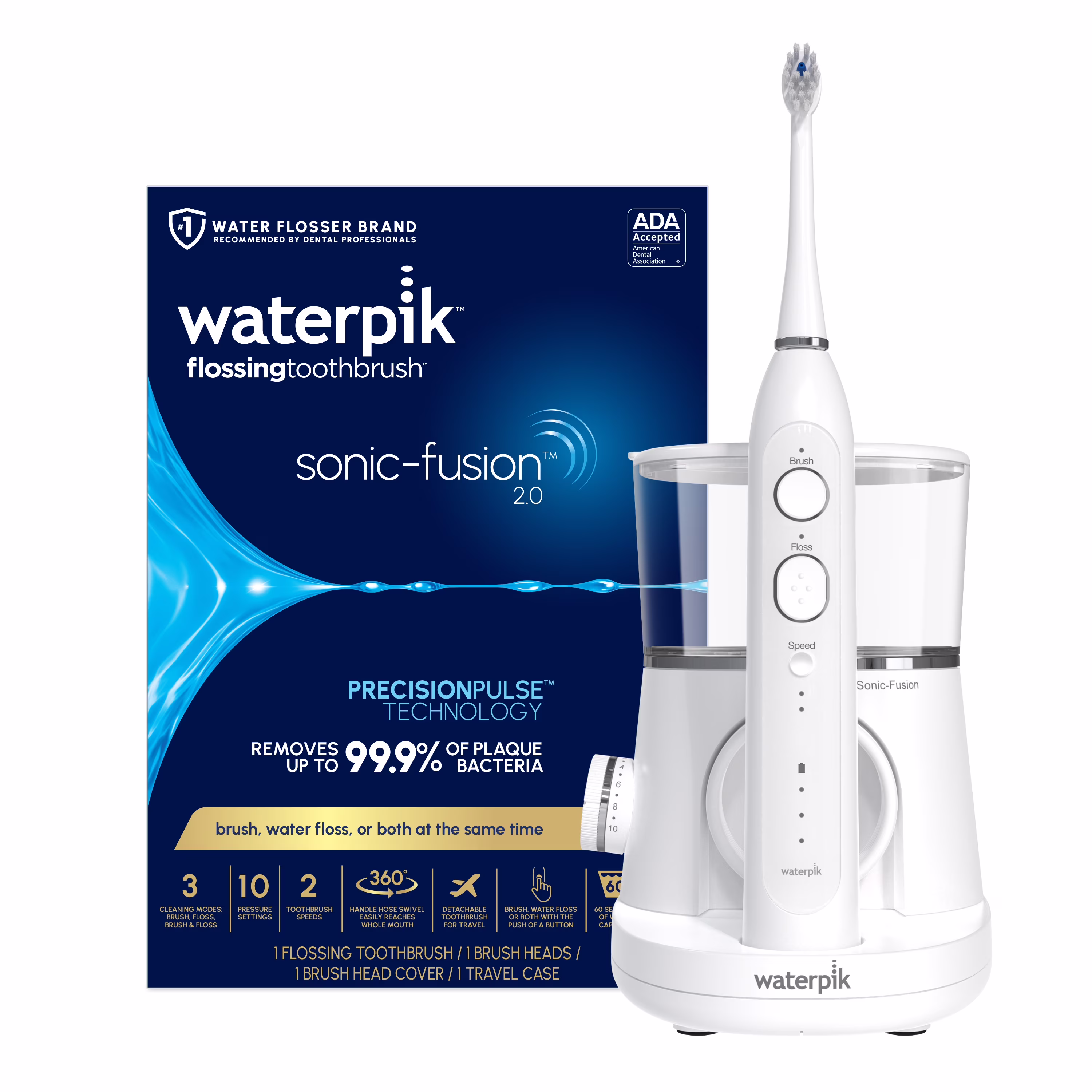 Waterpik Sonic-Fusion 2.0 Flossing Electric Toothbrush with Water Flosser Combo In One, ADA Accepted, White
