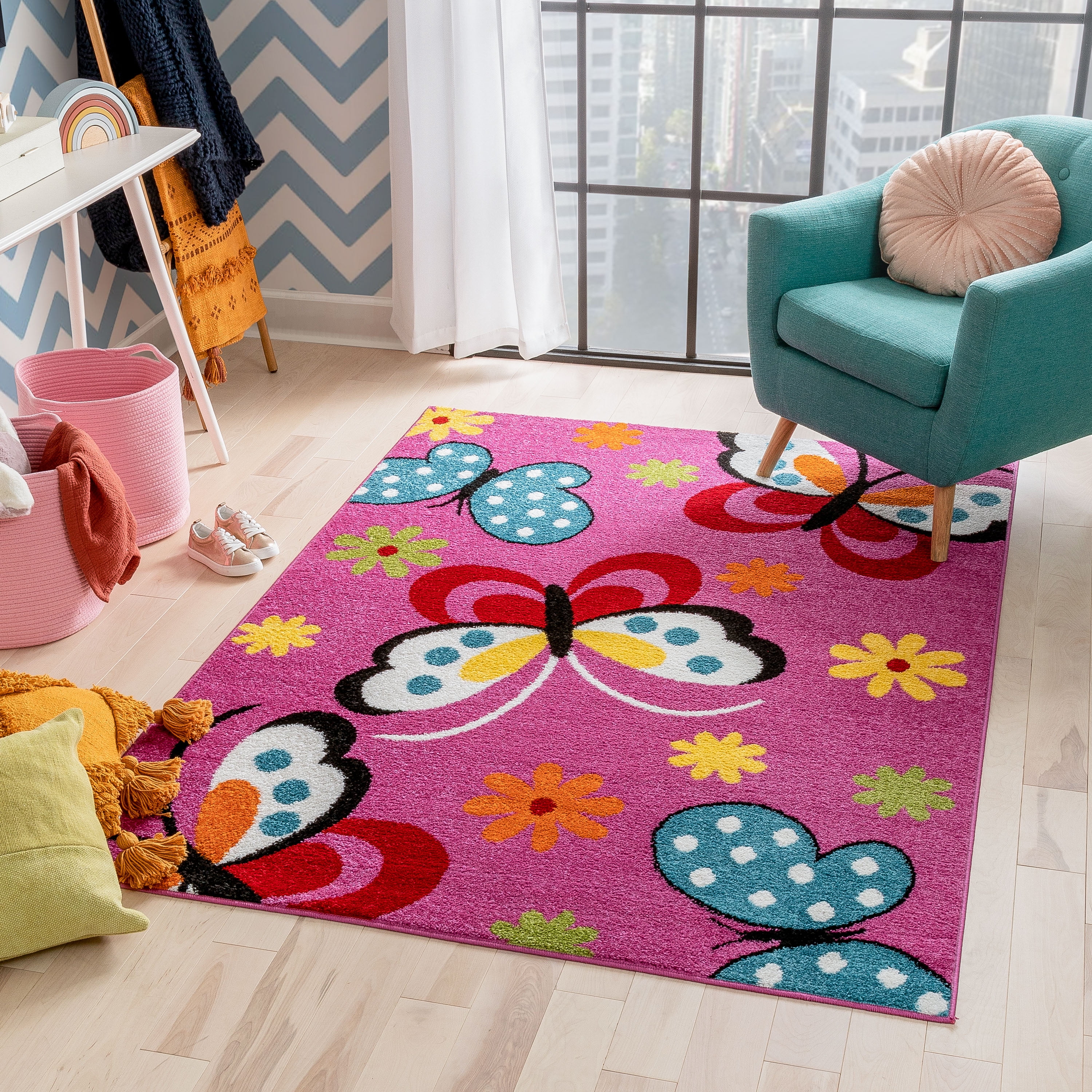 Well Woven Modern Rug Daisy Butterflies Pink 3'3'' x 5' Accent Area Rug