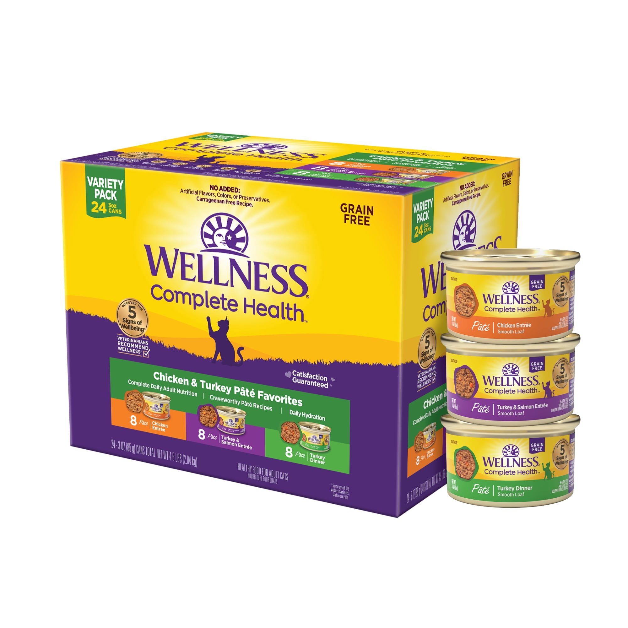 Wellness Complete Health Pate Adult Wet Cat Food, Natural, Protein-Rich, Grain Free, 3 Ounce , 24 Pack, (Chicken & Turkey Variety Pack)