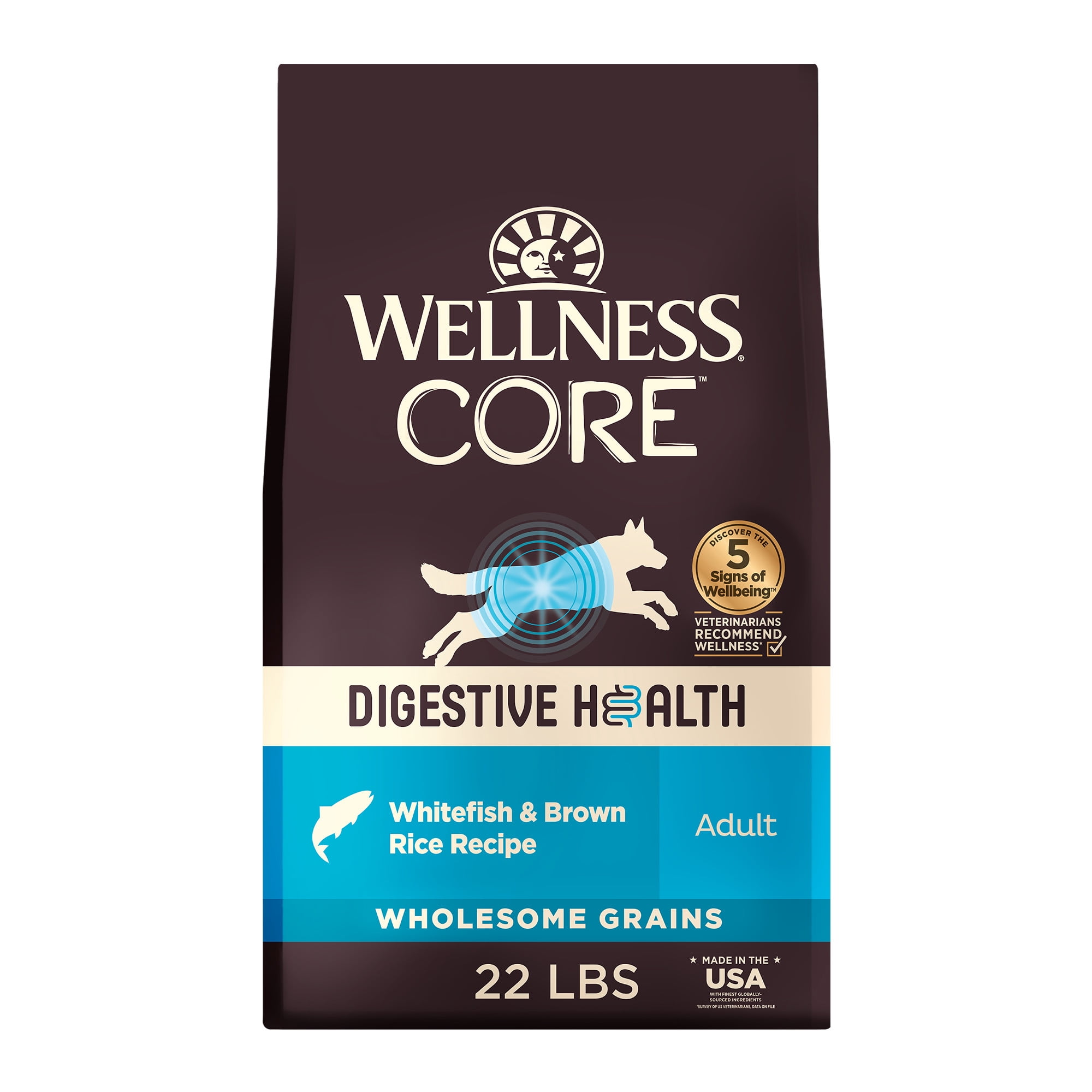 Wellness CORE Digestive Health Dry Dog Food, Wholesome Grains, Natural, High-Quality Ingredients for Dogs with Sensitive Stomachs, Whitefish & Brown Rice Recipe, (22-Pound Bag)