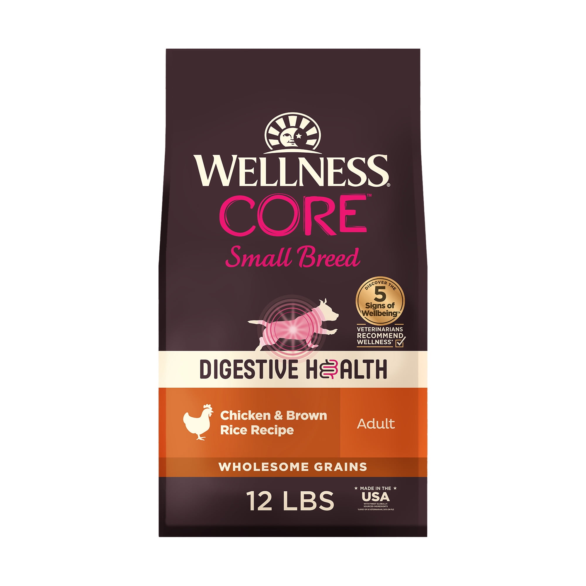 Wellness CORE Digestive Health Dry Dog Food, Small Breed, Wholesome Grains, Natural, High Quality Ingredients for Dogs with Sensitive Stomachs, Chicken Recipe, (12-Pound Bag)