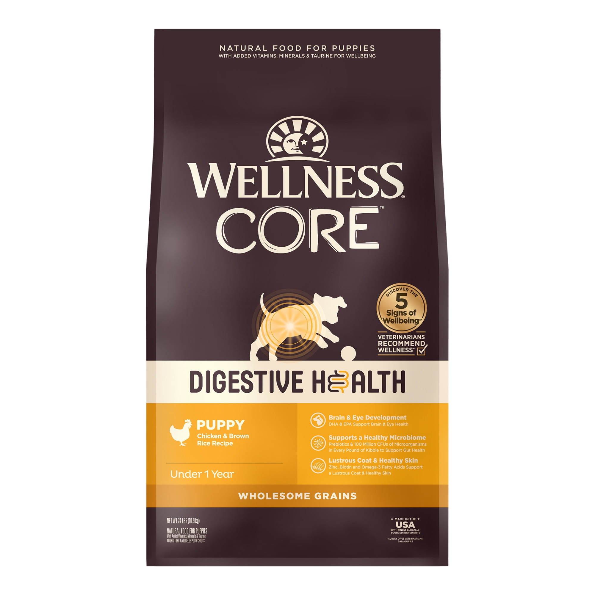 Wellness CORE Digestive Health Puppy Dry Dog Food, Wholesome Grains, Natural, High Quality Ingredients for Dogs with Sensitive Stomachs, Chicken Recipe, (24-Pound Bag)