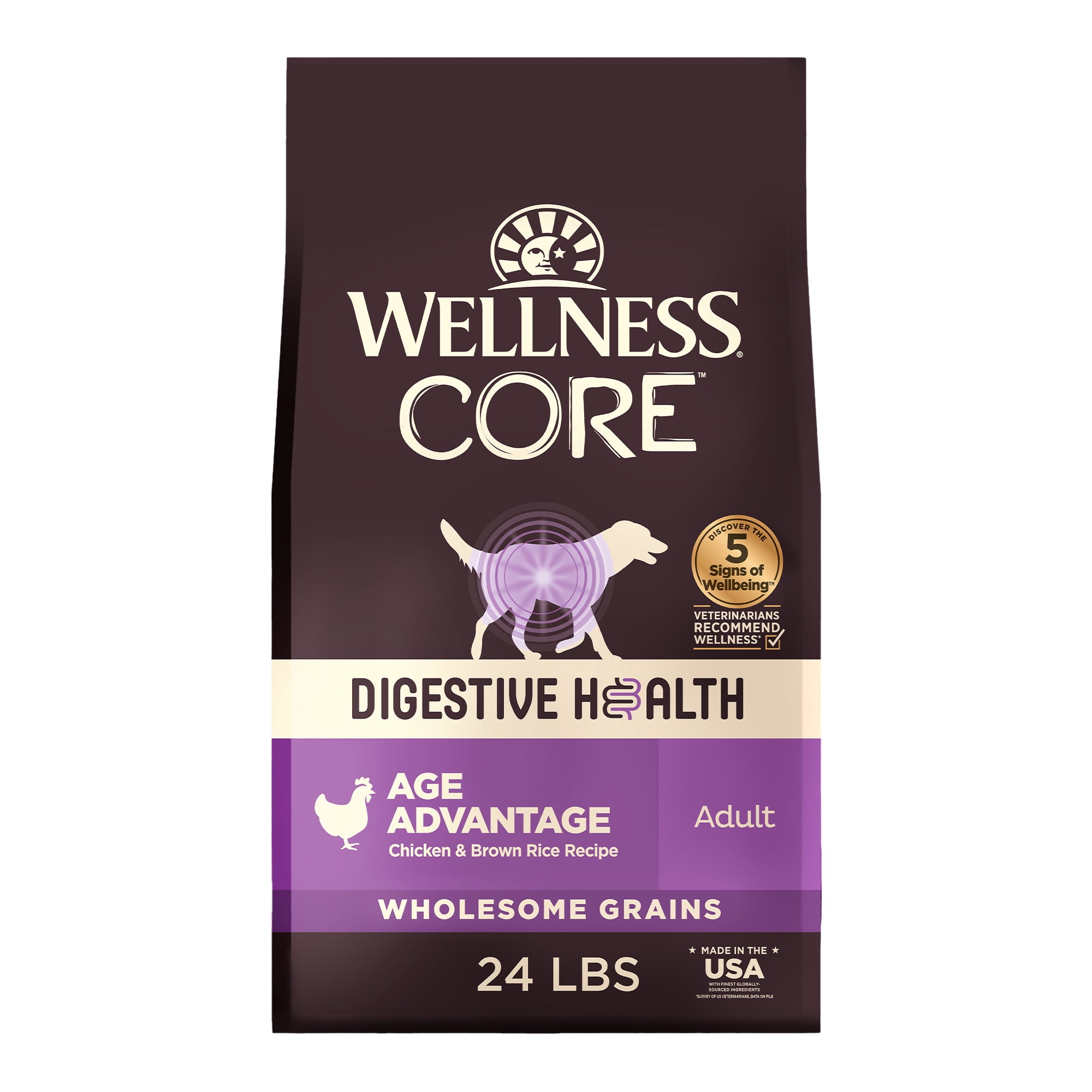 Wellness CORE Digestive Health Senior Dry Dog Food, Wholesome Grains, Natural, High Quality Ingredients for Dogs with Sensitive Stomachs, Age Advantage Chicken & Brown Rice Recipe, (24-Pound Bag)