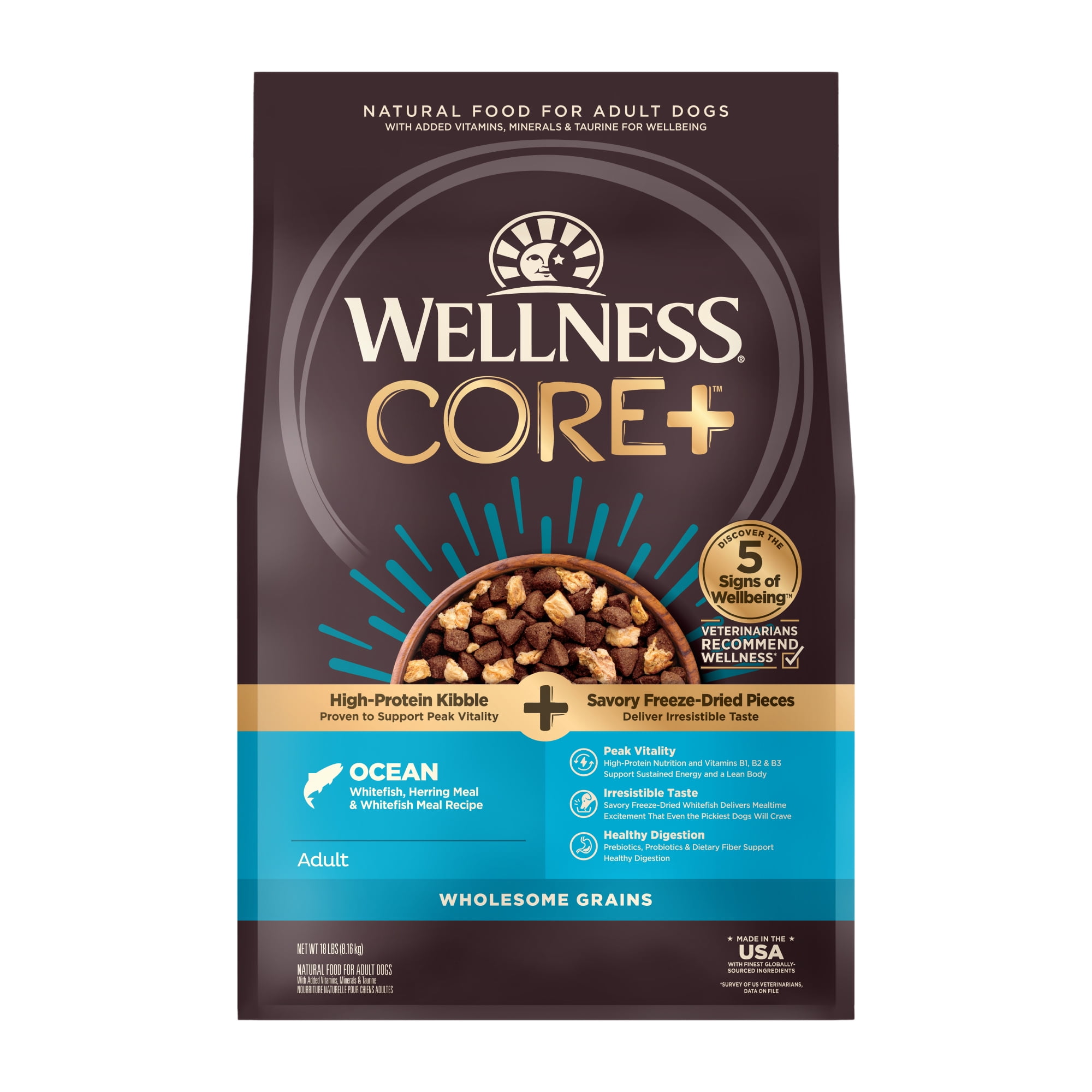 Wellness CORE+ Dry Dog Food with Freeze Dried Pieces, Wholesome Grains, High Protein, Natural, Ocean Whitefish & Herring Recipe, (18-Pound Bag)