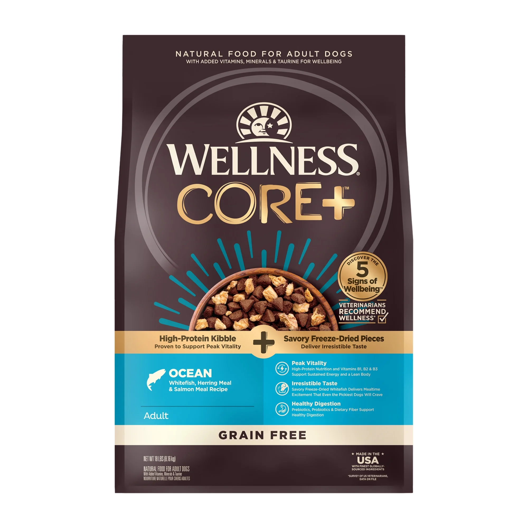 Wellness CORE+ Dry Dog Food with Freeze Dried Pieces, Grain Free, High Protein, Natural, Ocean Whitefish, Herring, & Salmon Recipe, (18-Pound Bag)
