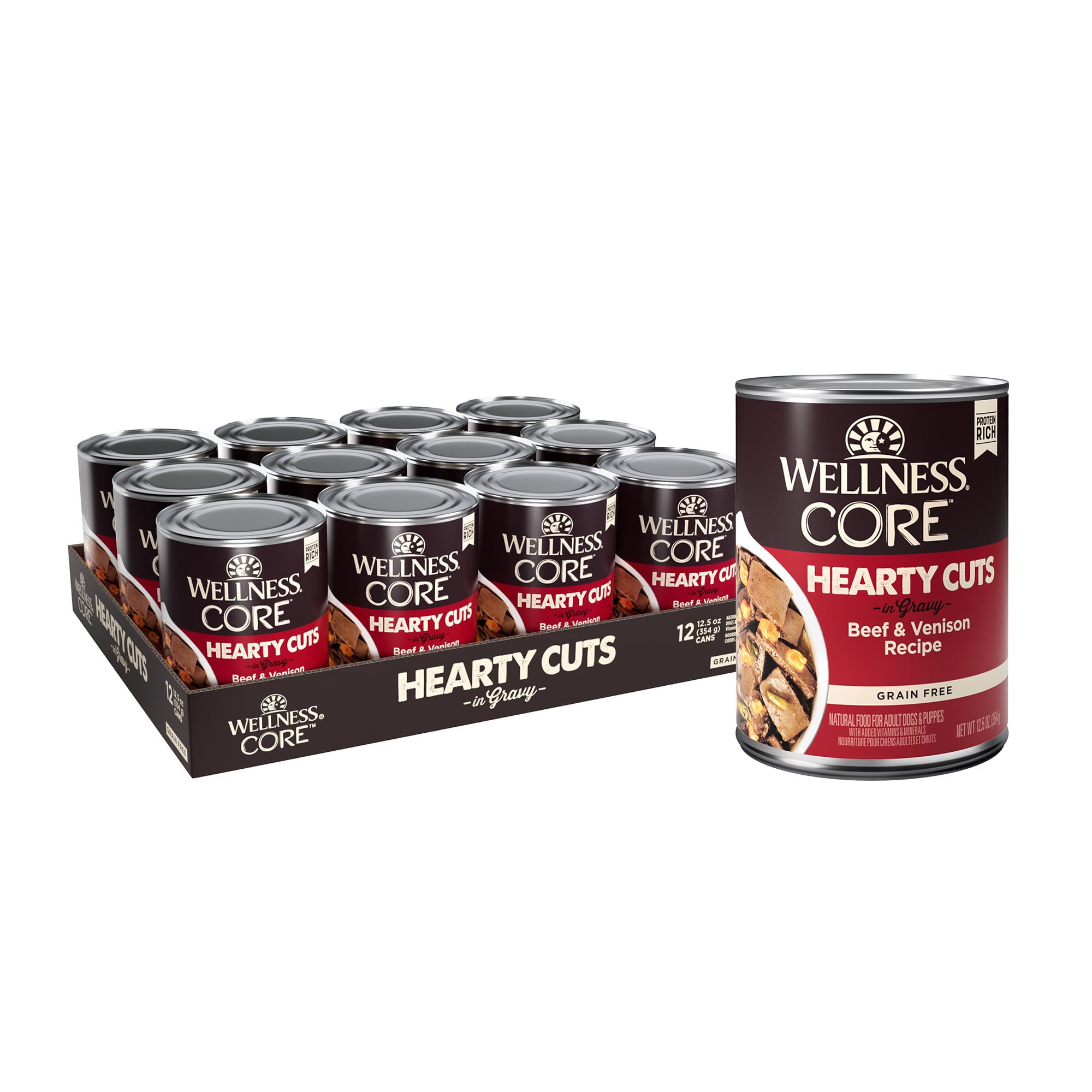 Wellness CORE Hearty Cuts Natural Wet Grain Free Canned Dog Food, Beef & Venison, 12.5-Ounce Can (Pack of 12)