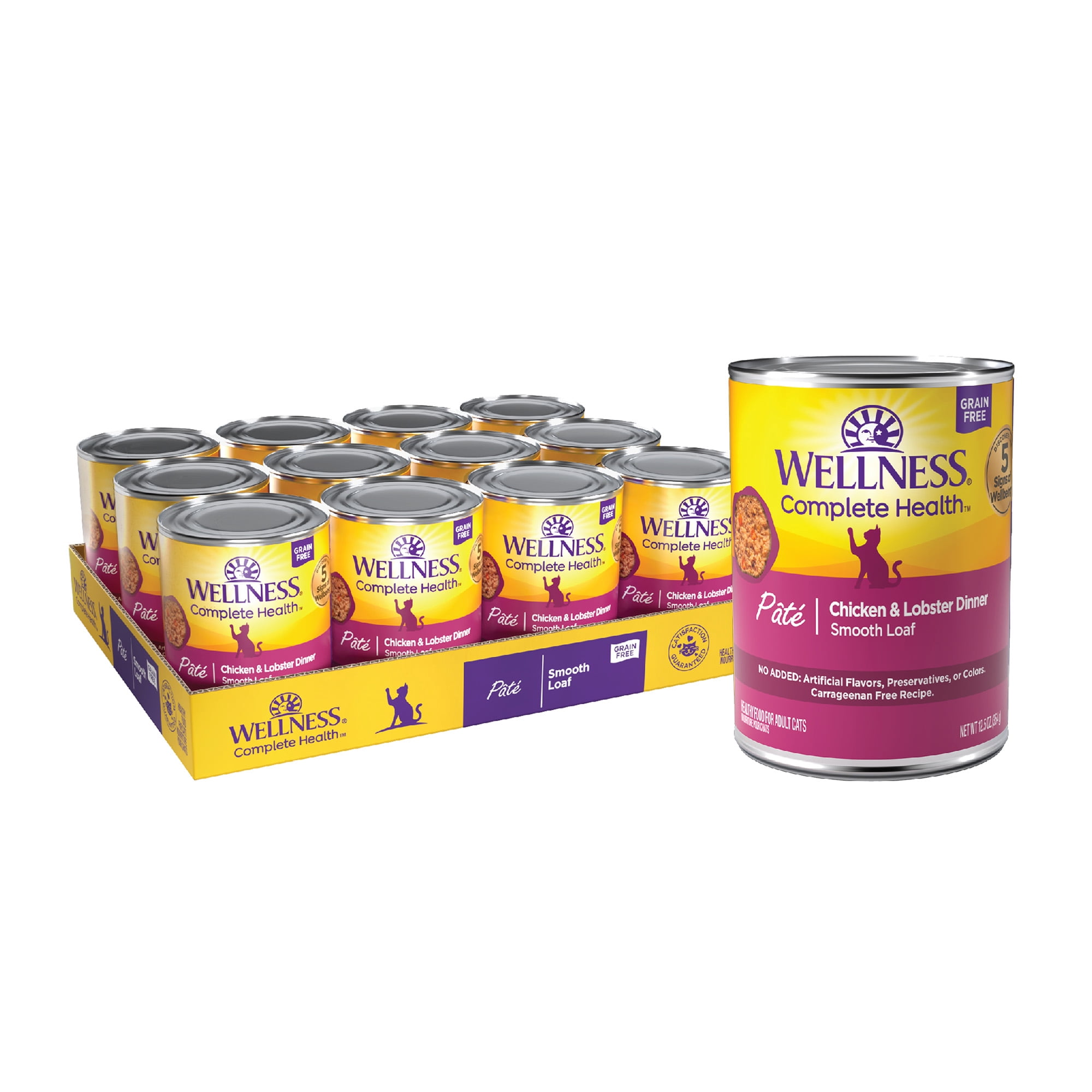 Wellness Complete Health Pate Adult Wet Cat Food, Natural, Protein-Rich, Grain Free, 12.5 Ounce, 12 Pack, (Chicken & Lobster)
