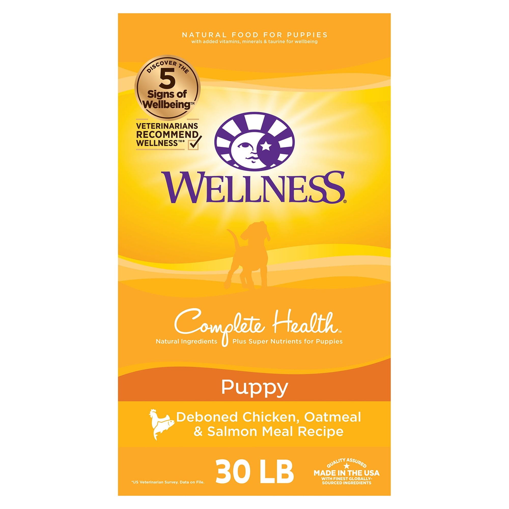 Wellness Complete Health Puppy Dry Dog Food, Wholesome Grains, Natural, Chicken, Oatmeal, & Salmon Recipe, (30-Pound Bag)