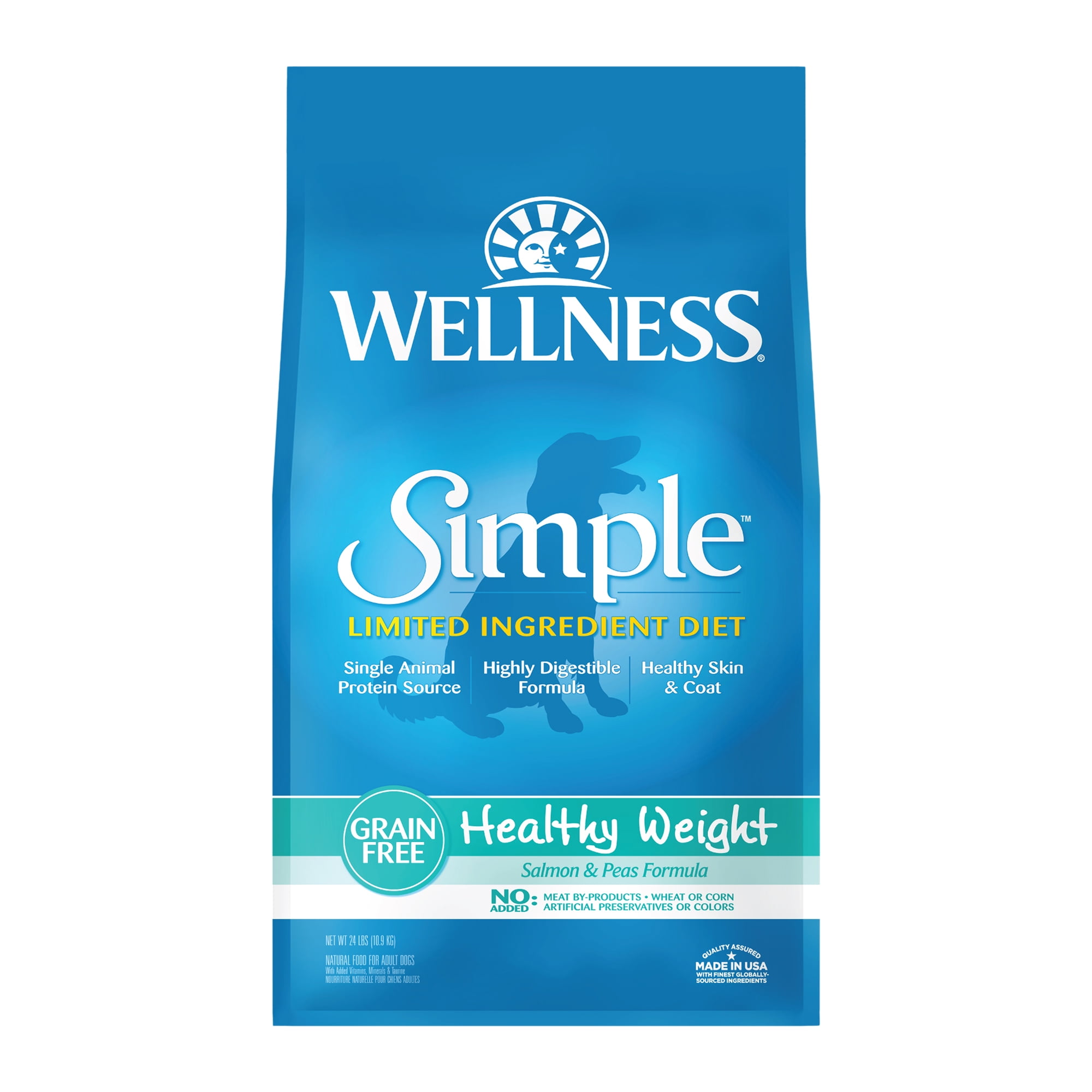Wellness Simple Limited Ingredient Dry Dog Food for Sensitive Stomachs, Supports Skin & Coat, Grain Free, Natural, Healthy Weight Salmon & Peas Recipe, (24-Pound Bag)