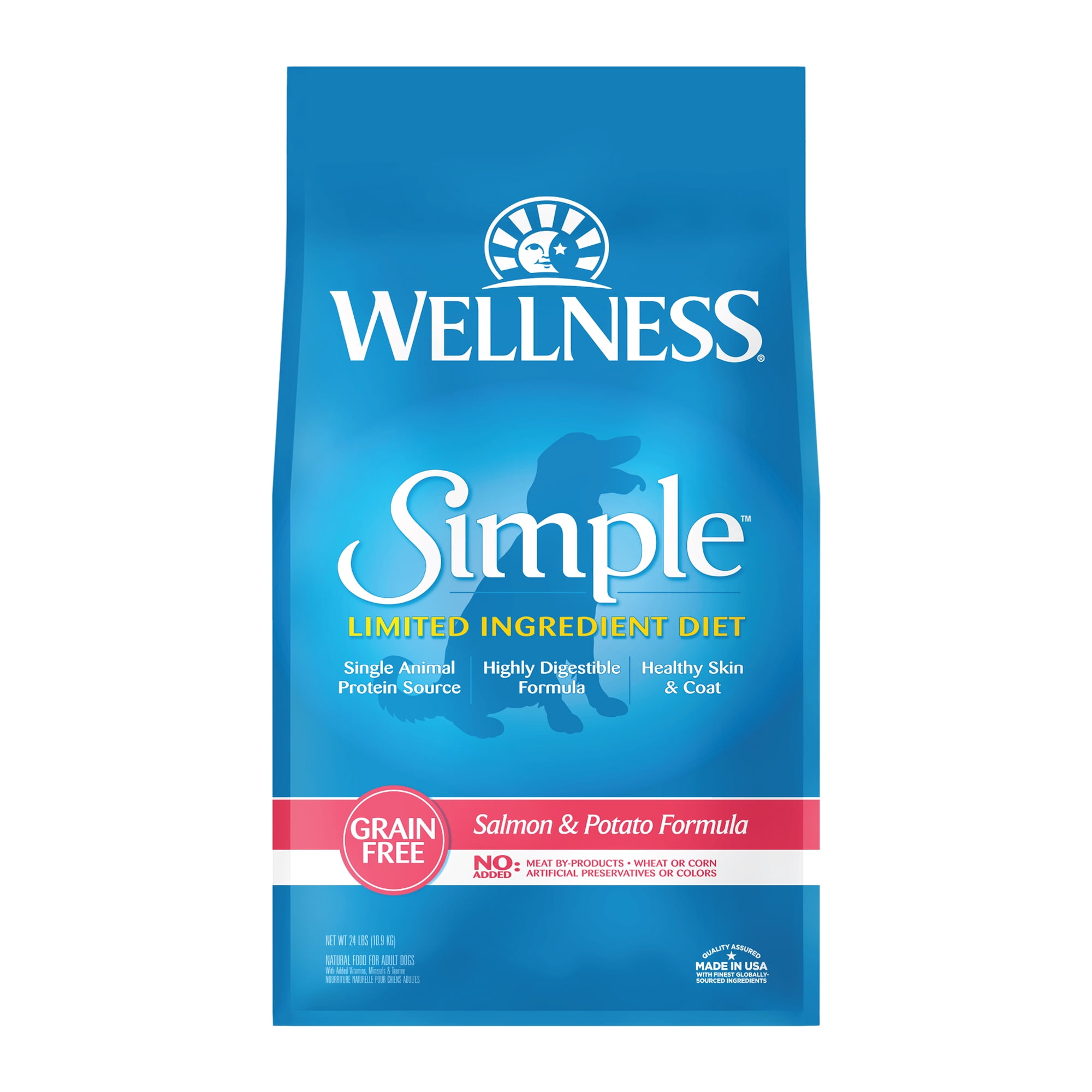 Wellness Simple Limited Ingredient Dry Dog Food for Sensitive Stomachs, Supports Skin & Coat, Grain Free, Natural, Salmon & Potato Recipe, (24-Pound Bag)