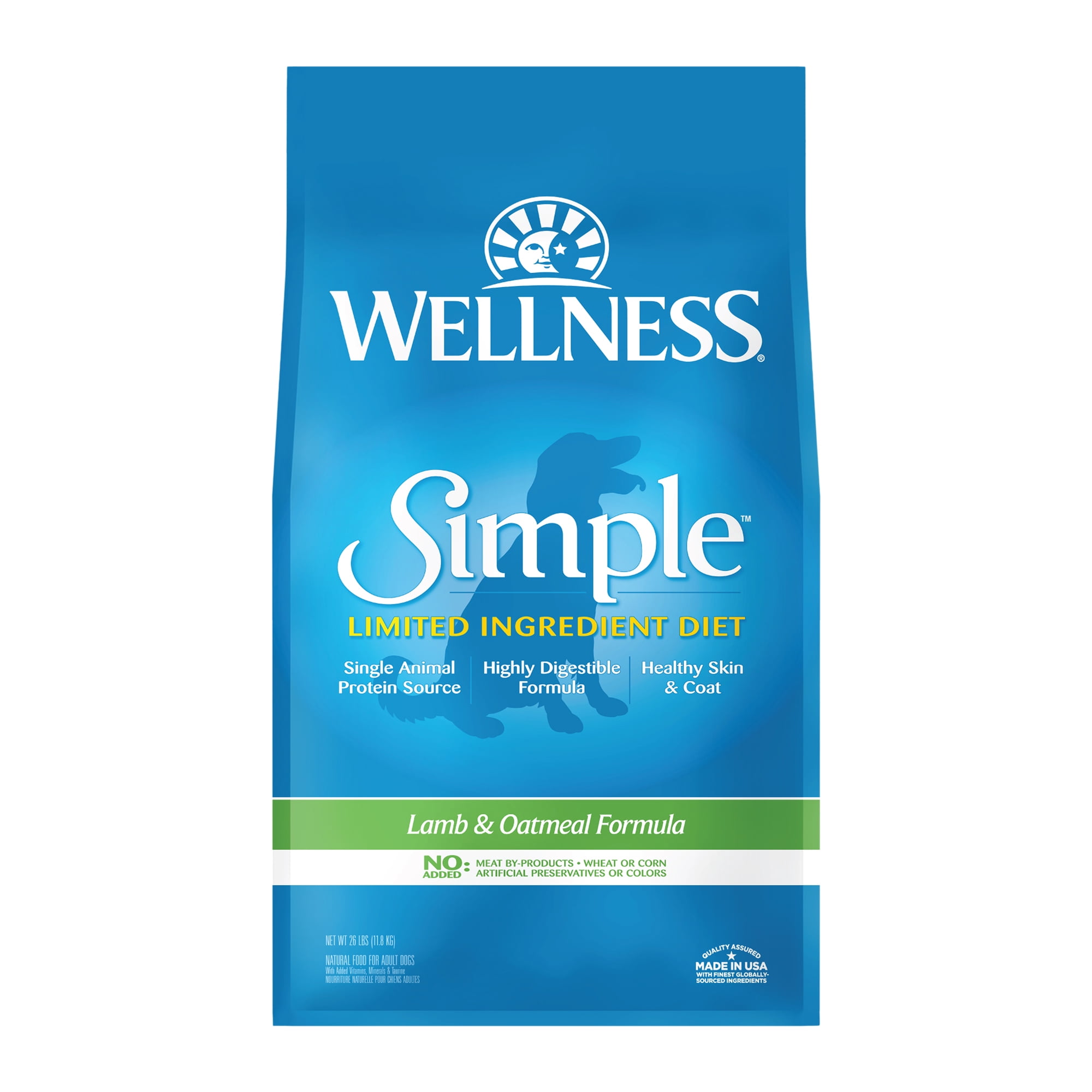 Wellness Simple Limited Ingredient Dry Dog Food for Sensitive Stomachs, Supports Skin & Coat, Wholesome Grains, Natural, Lamb & Oatmeal Recipe, (26-Pound Bag)