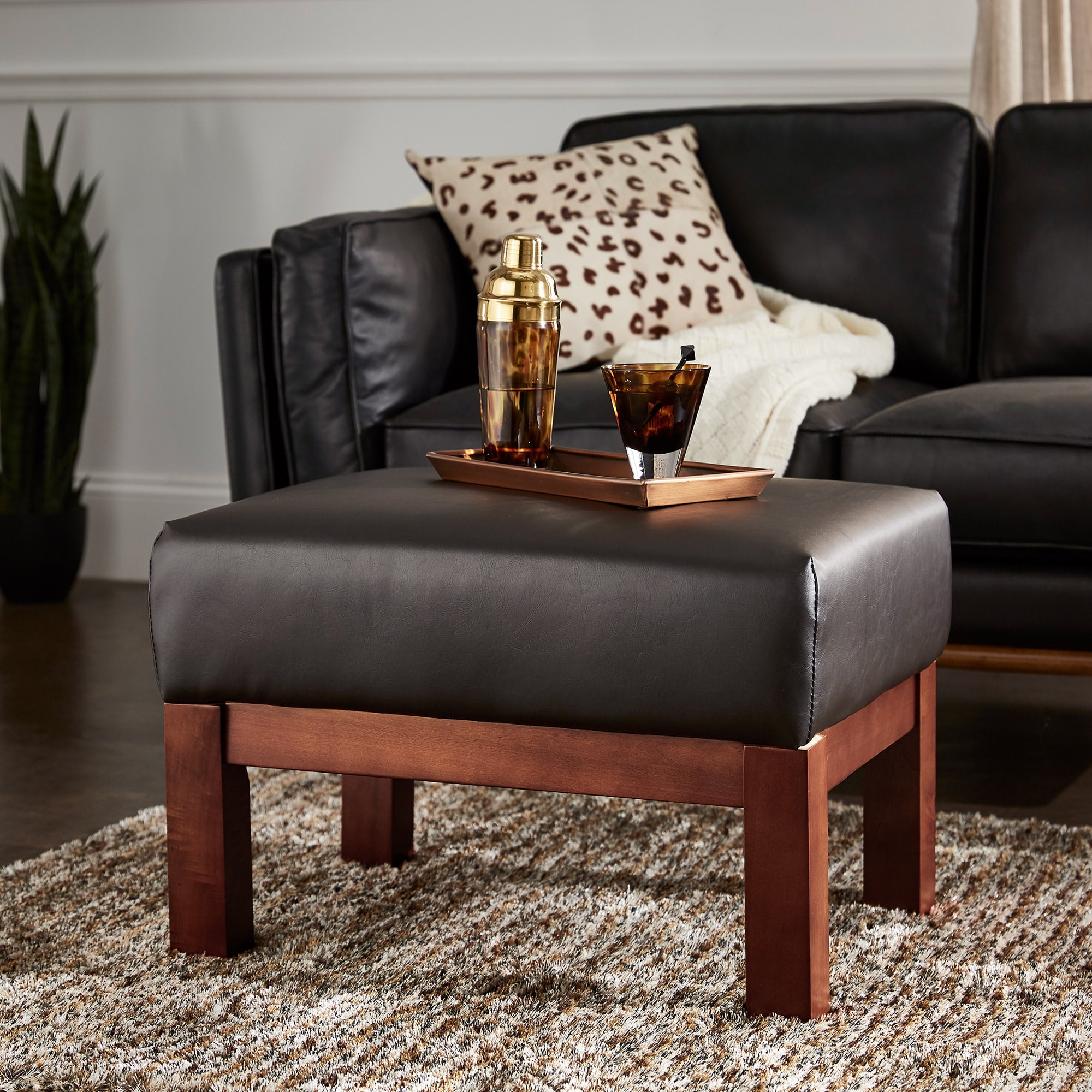 Weston Home Warner Faux Leather Ottoman, Dark Brown