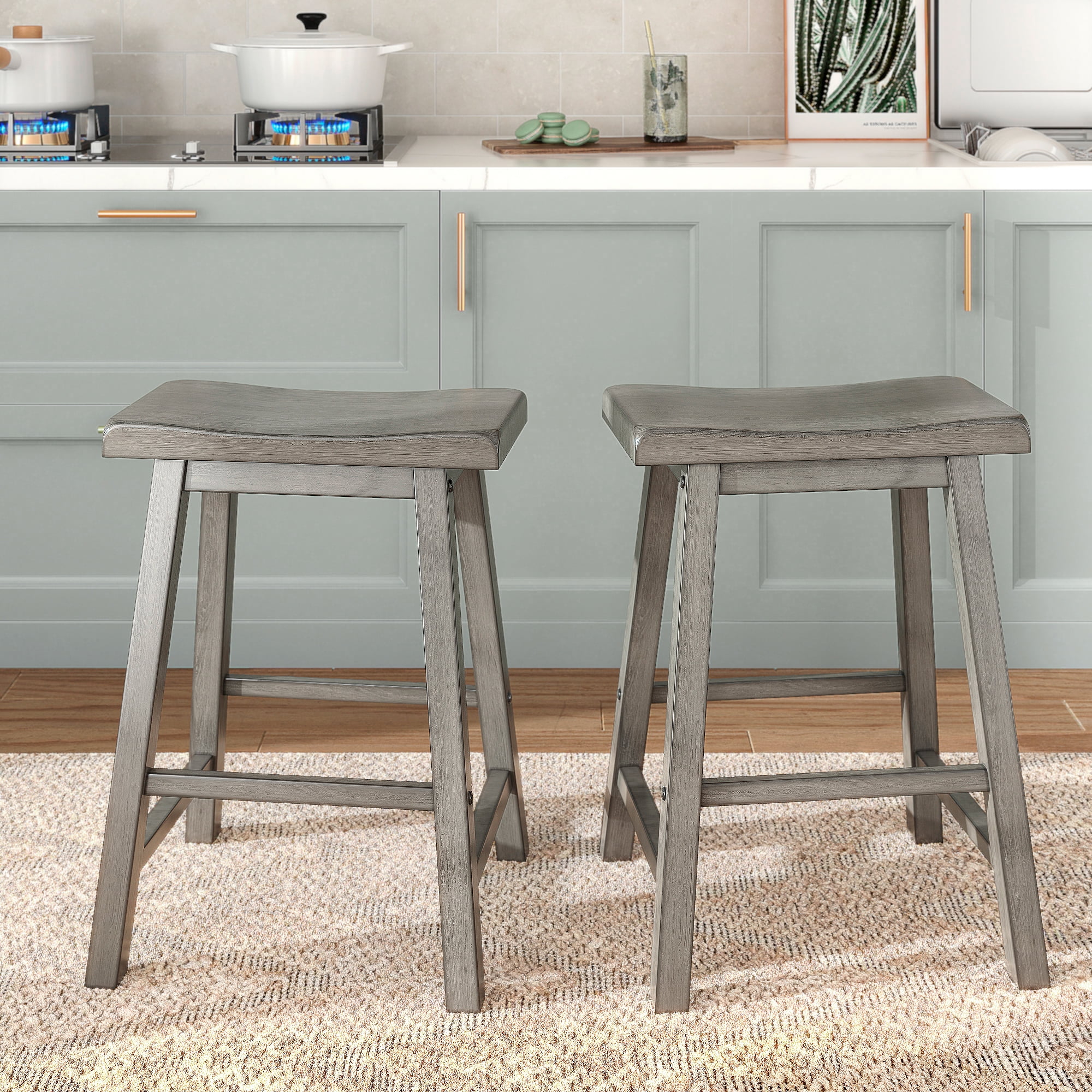 Weston Home Ashby Saddle Seat Backless Wood Counter Stools, Set of 2, Antique Grey