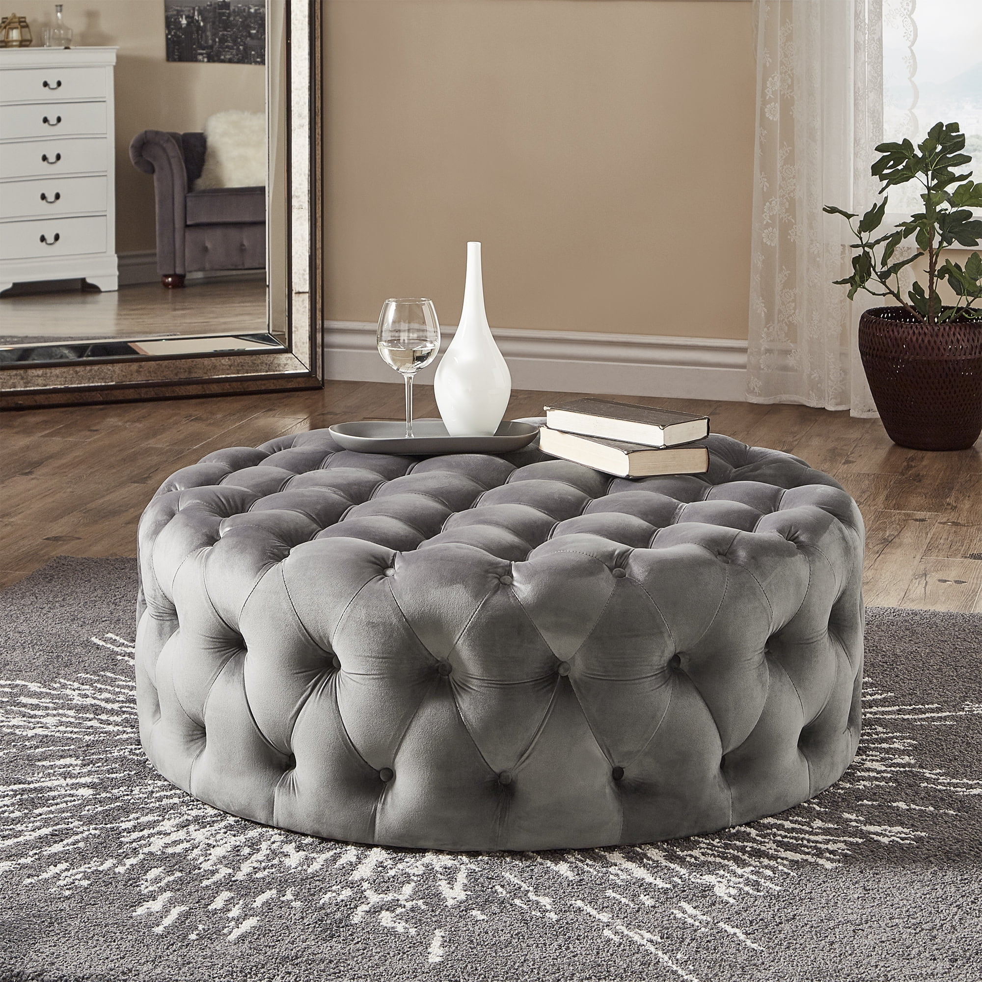 Weston Home Bowman Round Velvet Ottoman, Grey