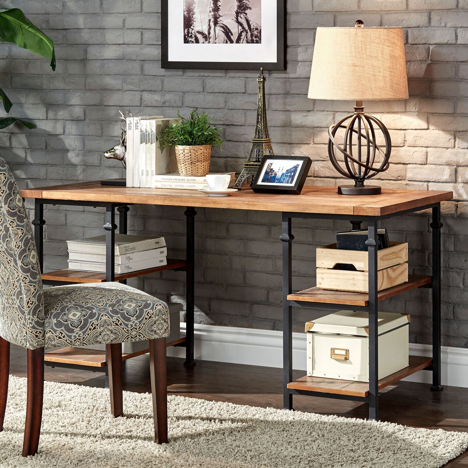 Weston Home Clayton Wood and Metal Writing Desk, Dark Brown