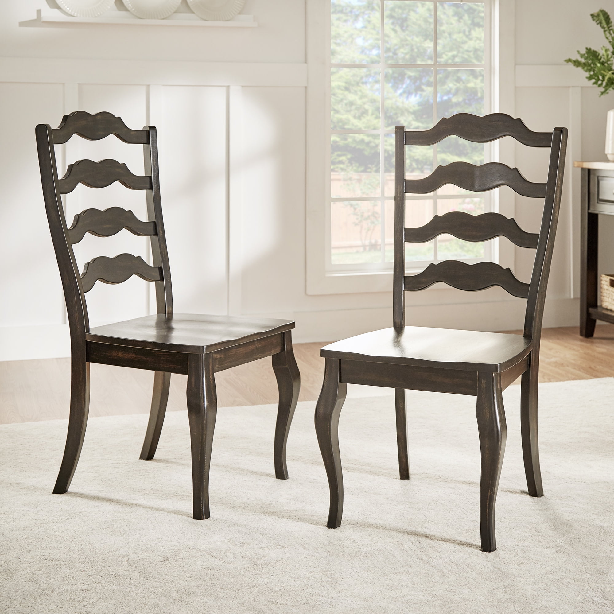 Weston Home Farmhouse French Ladder Back Wood Dining Chairs, Set of 2, Antique Black