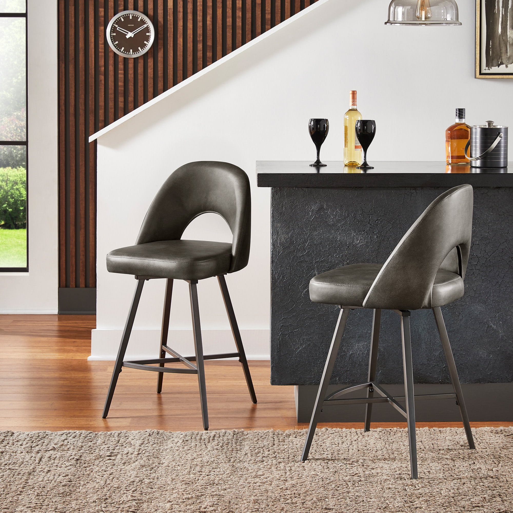 Weston Home Krista 24" Metal Swivel Mid Back Counter Stools, Set of 2, Dark Grey