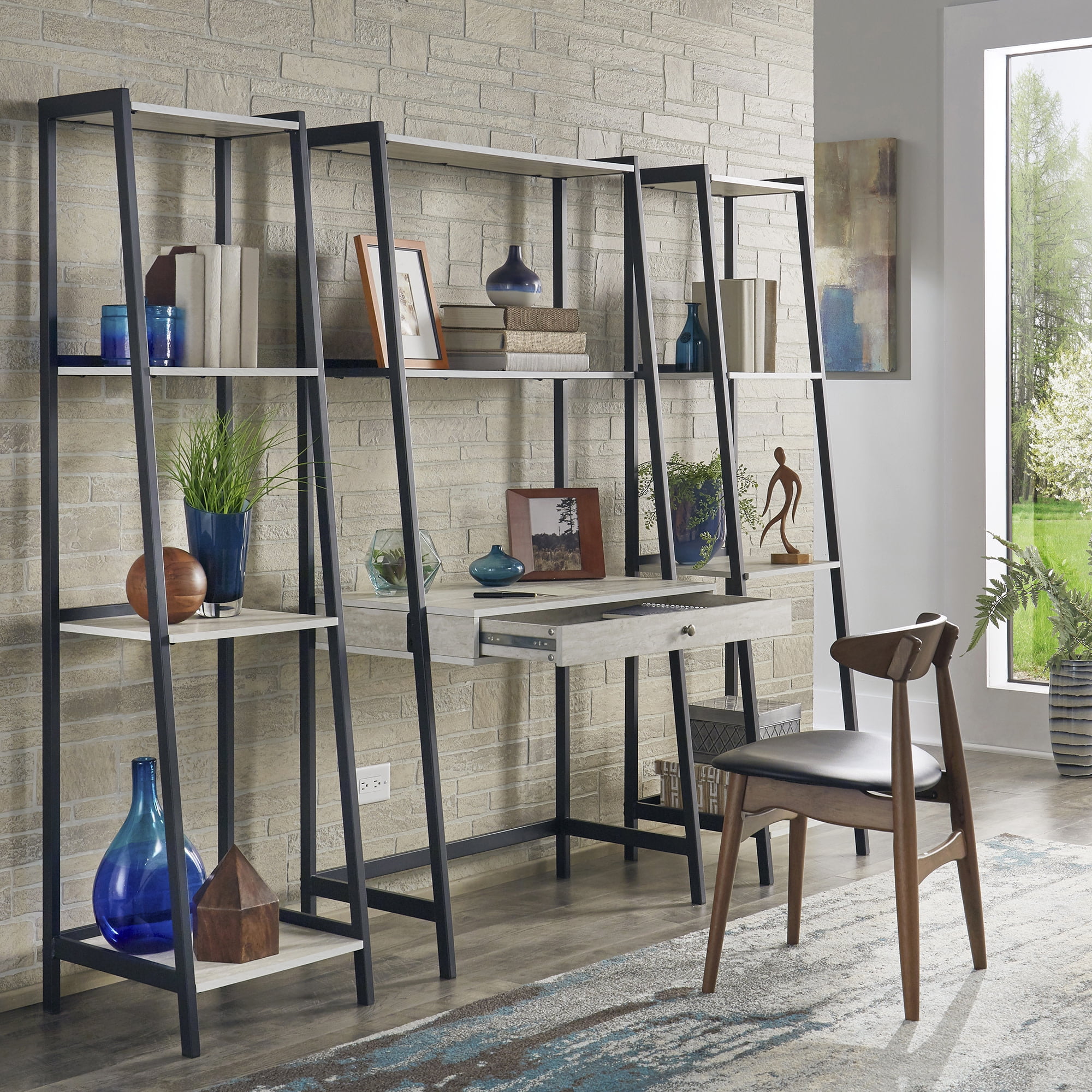 Weston Home Martin Marble 3-Piece Ladder Desk and Bookcase Set, Matte Black Finish