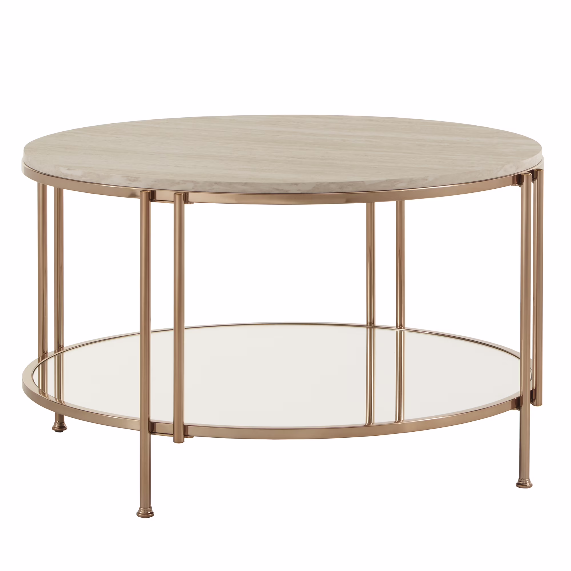 Weston Home Shaelyn Round Gold Coffee Table with Faux Marble Top and Mirror Shelf
